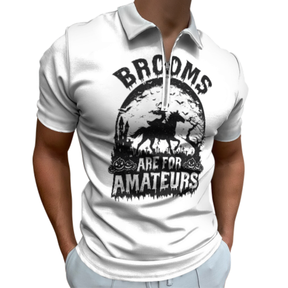 Brooms Are for Amateurs Halloween Graphic Polo Shirt – Witch Riding Horse Vintage Spooky Quarter Zip Tee(z765)