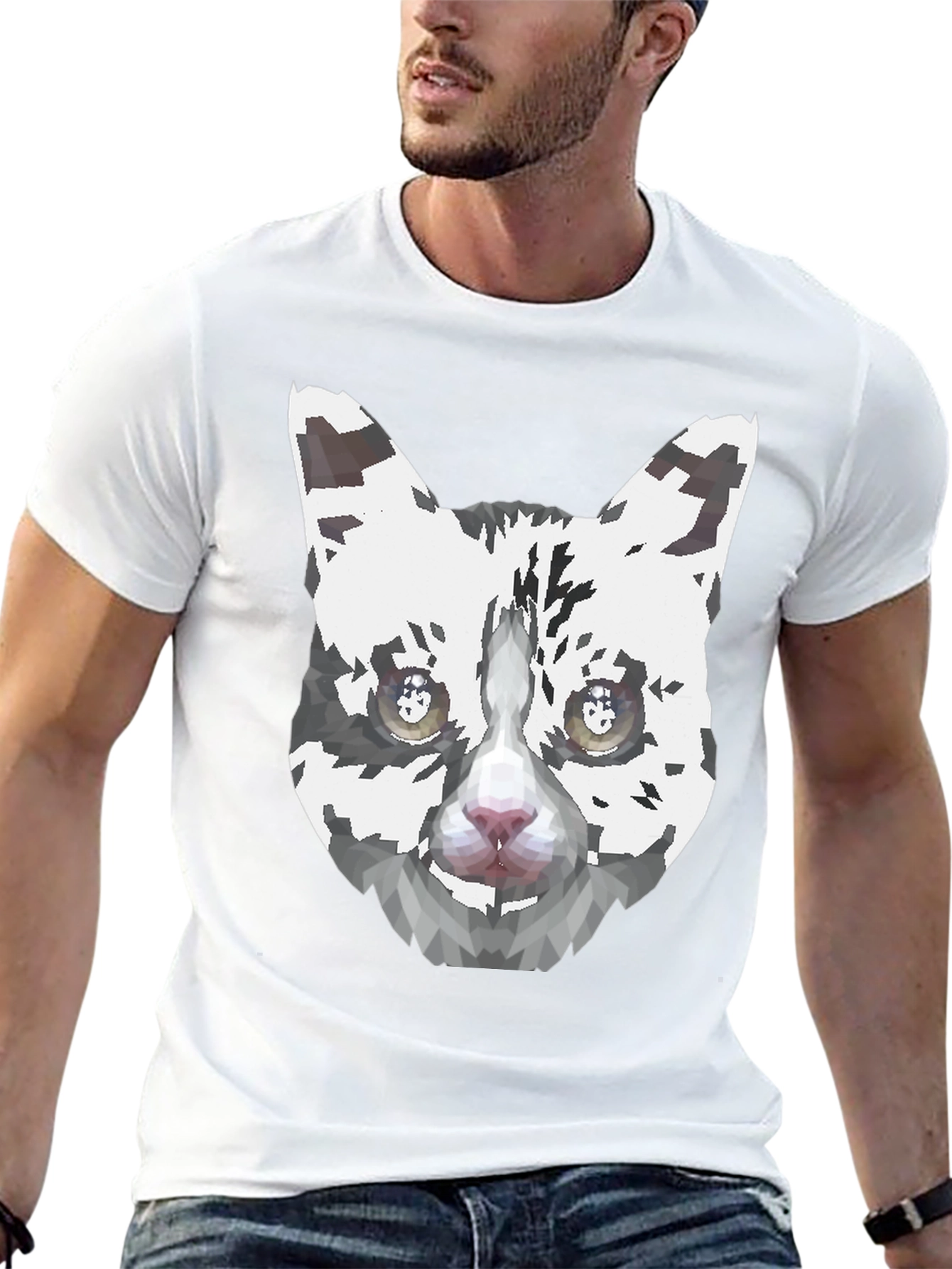 Geometric Cat Face Graphic Print Mens Black T-Shirt