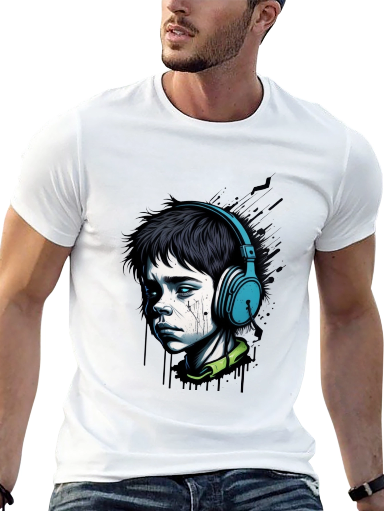 Edgy Boy with Headphones Graphic Tee - Black