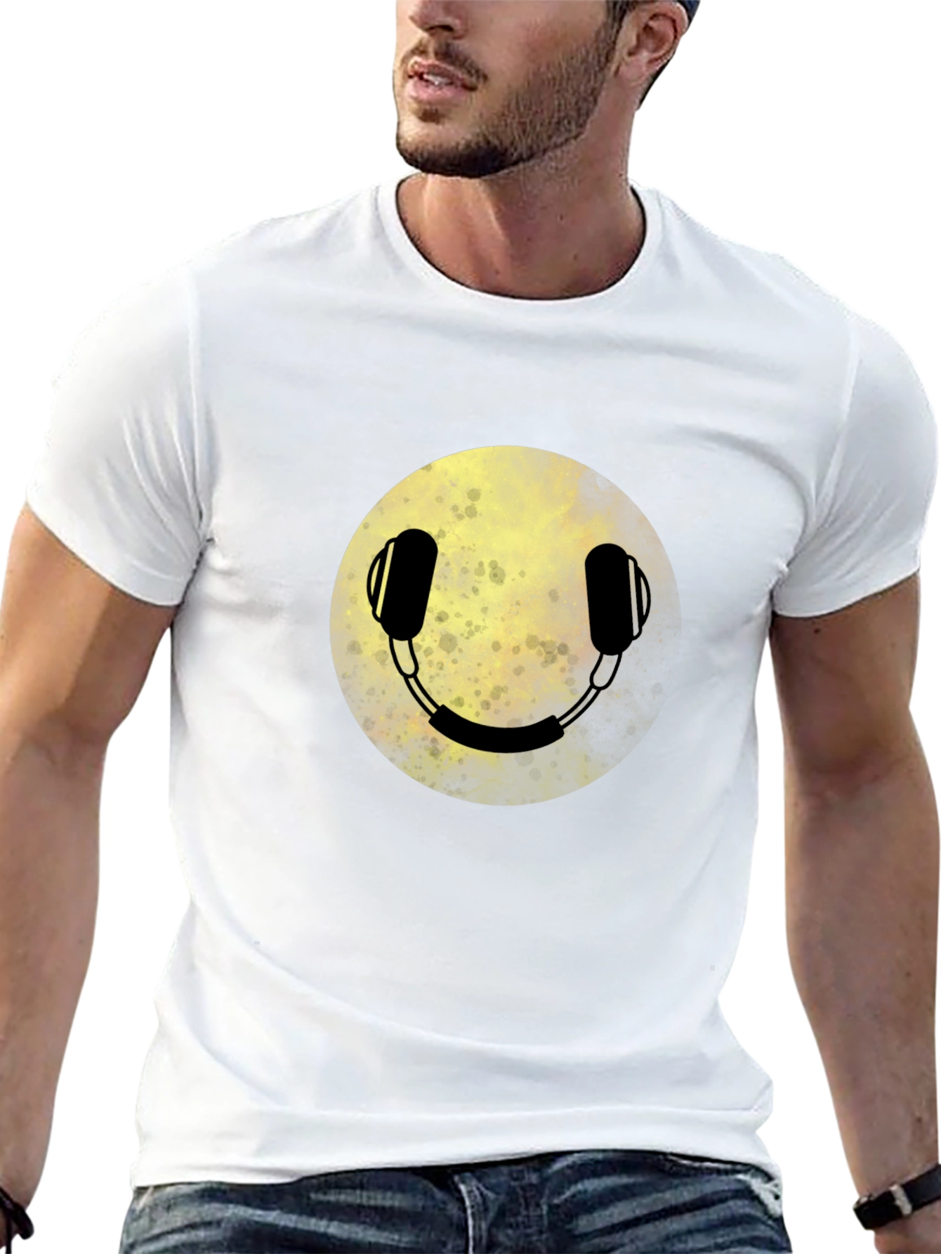 Headphone Smiley Face Graphic Tee - Black