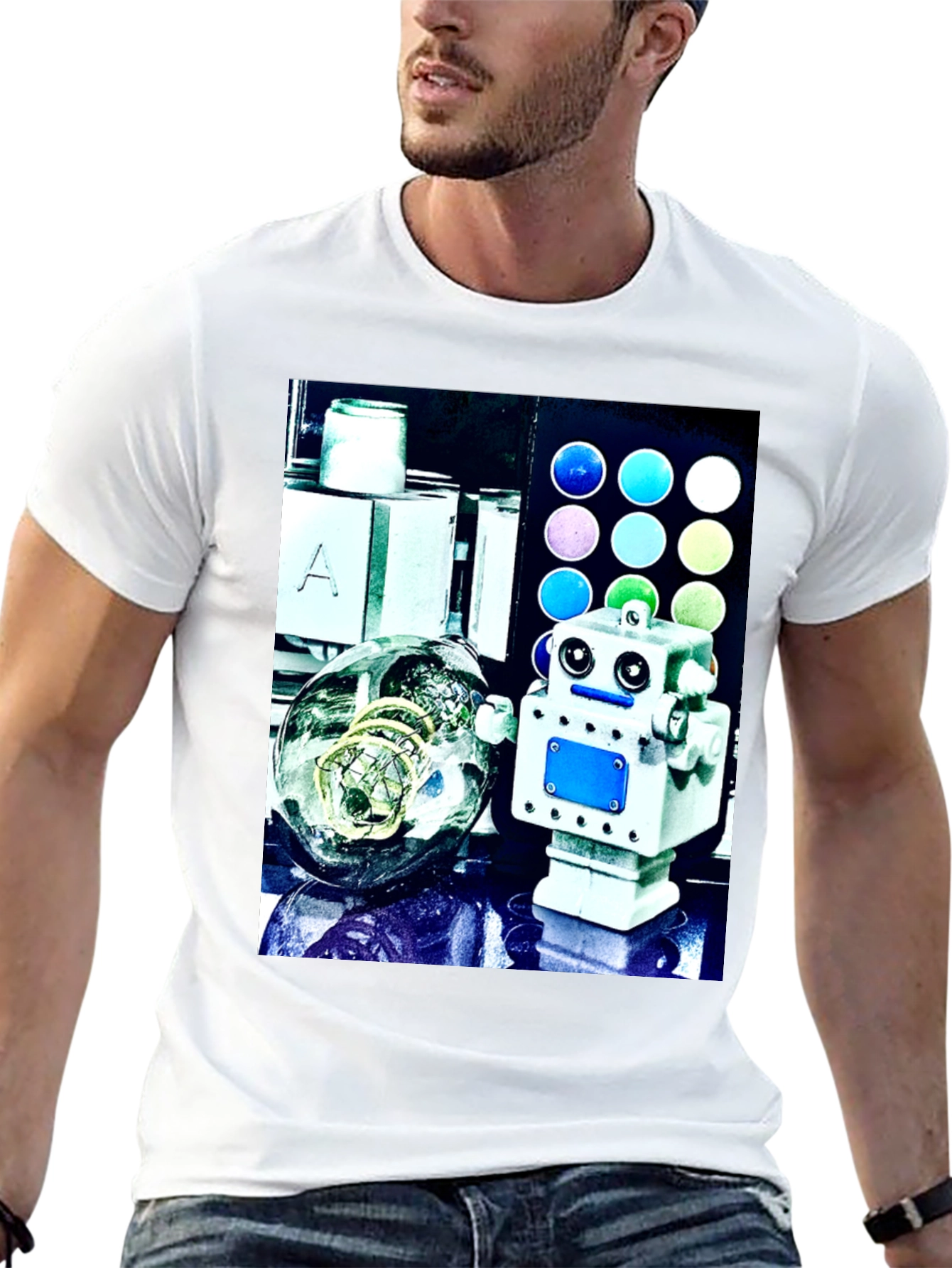 Robot & Bulb Print Black T-Shirt