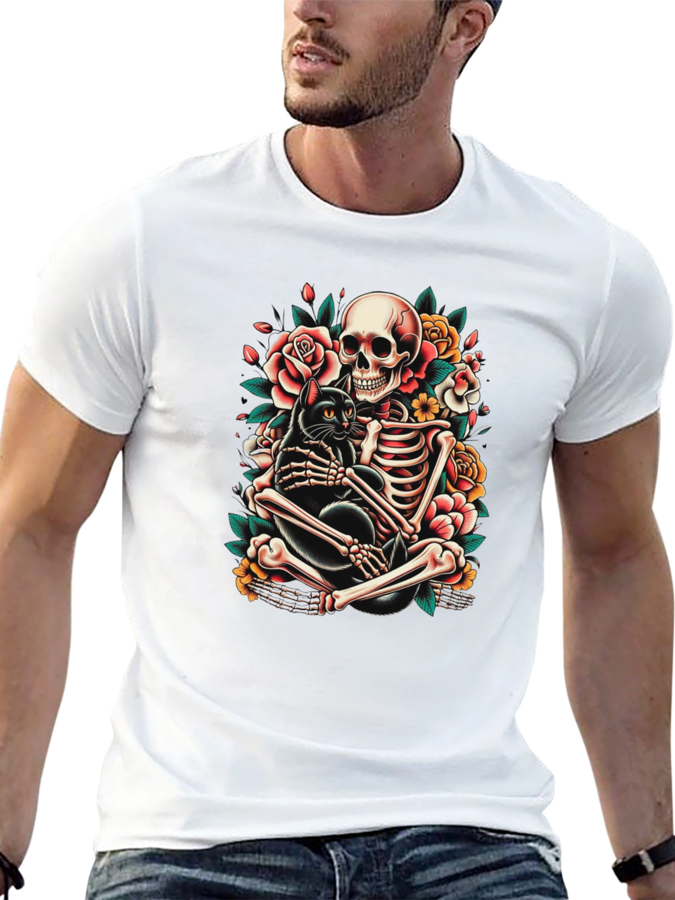 Skeleton and Black Cat Graphic T-Shirt
