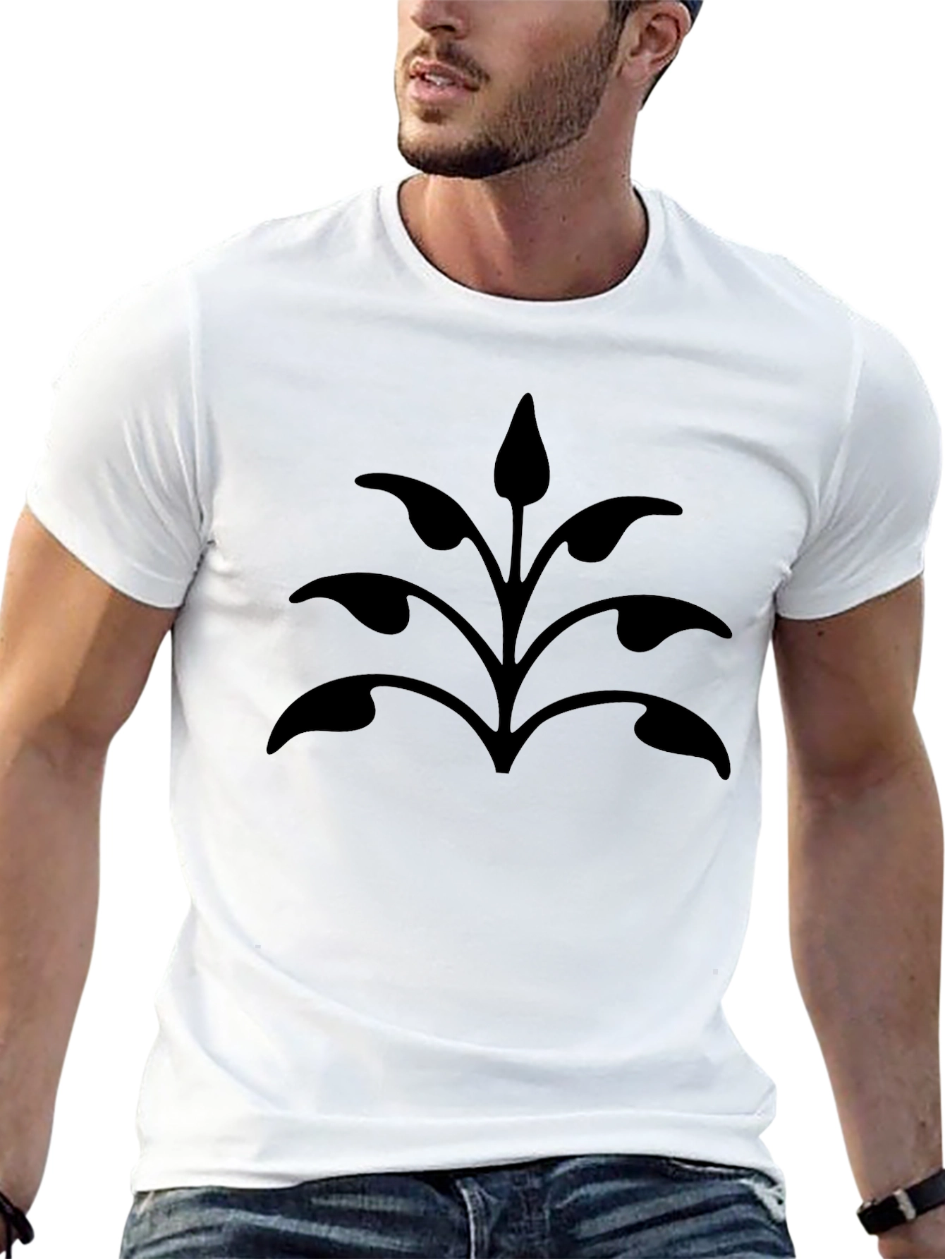 Black T-Shirt with Stylized Plant Design