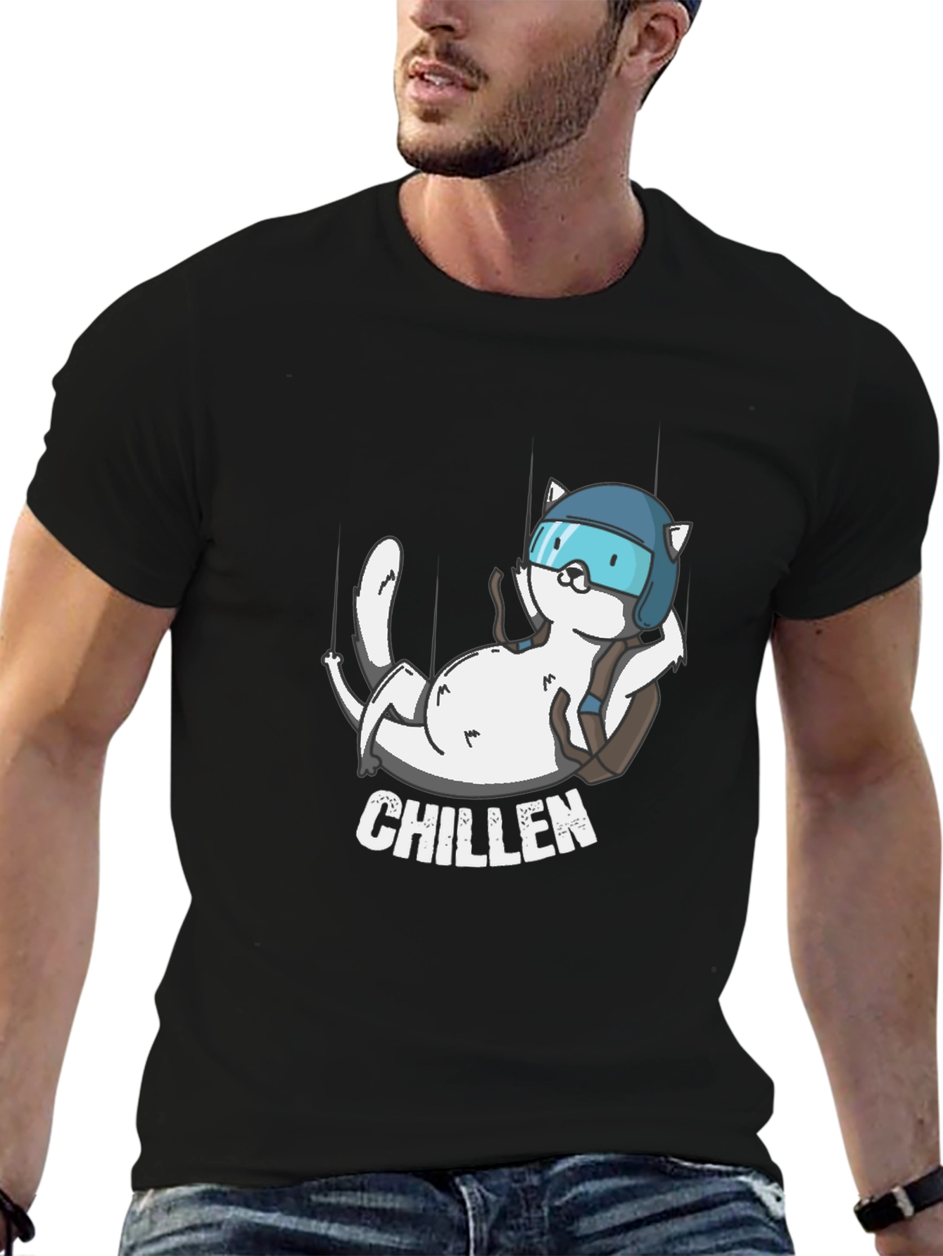 Chillen Cat Skydiver Black T-Shirt