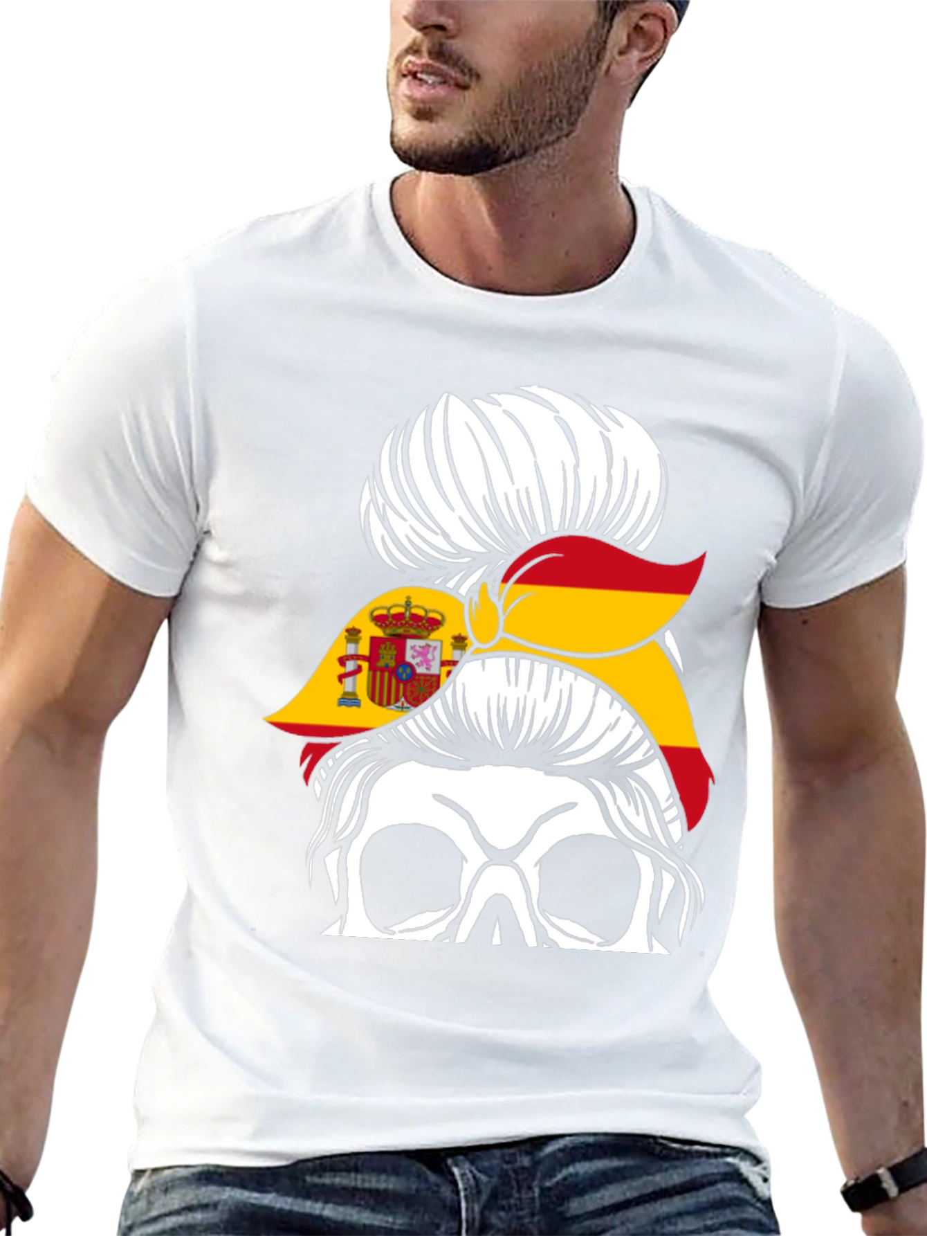 Spain Flag Skull Messy Bun T-Shirt