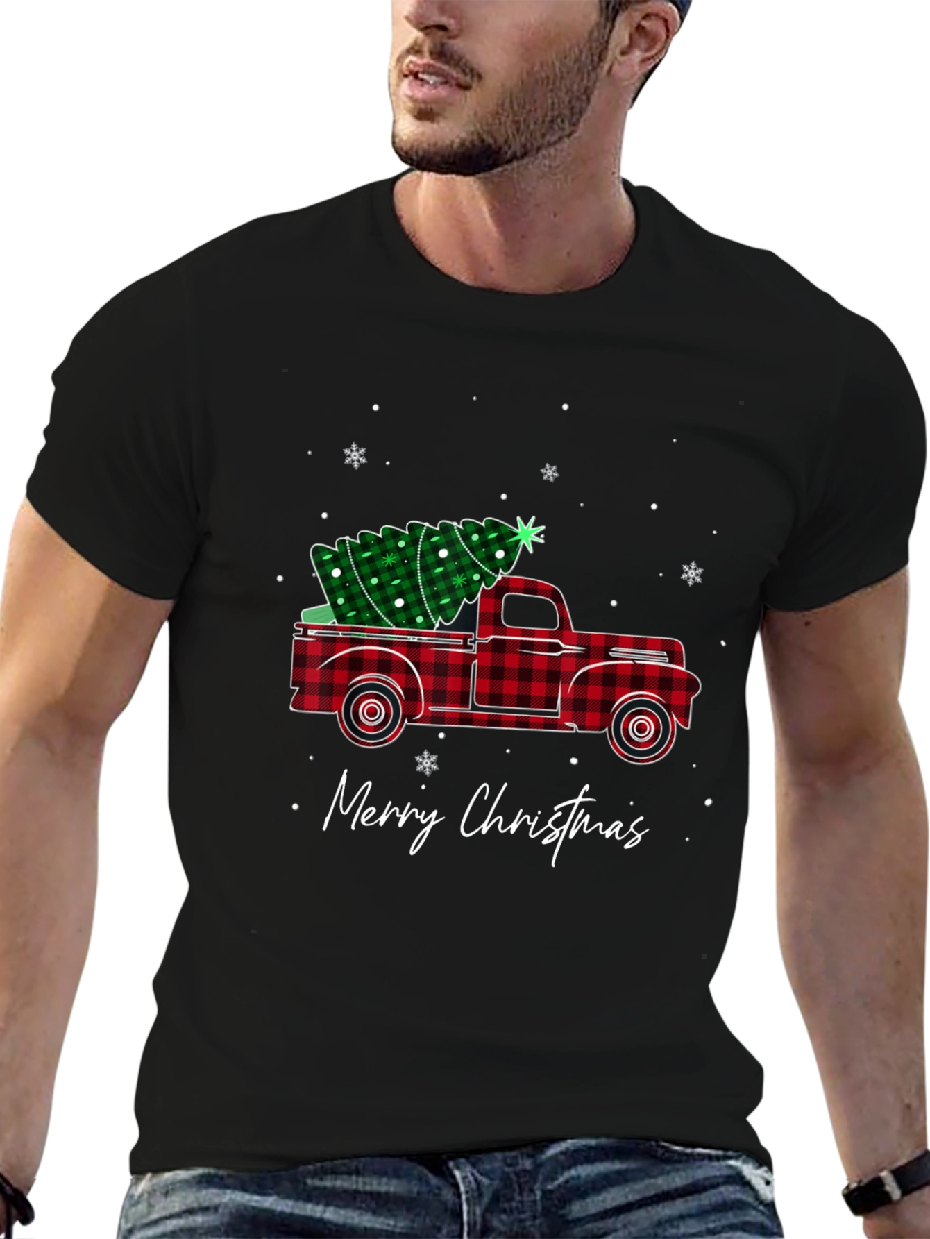 Plaid Truck Merry Christmas T-Shirt