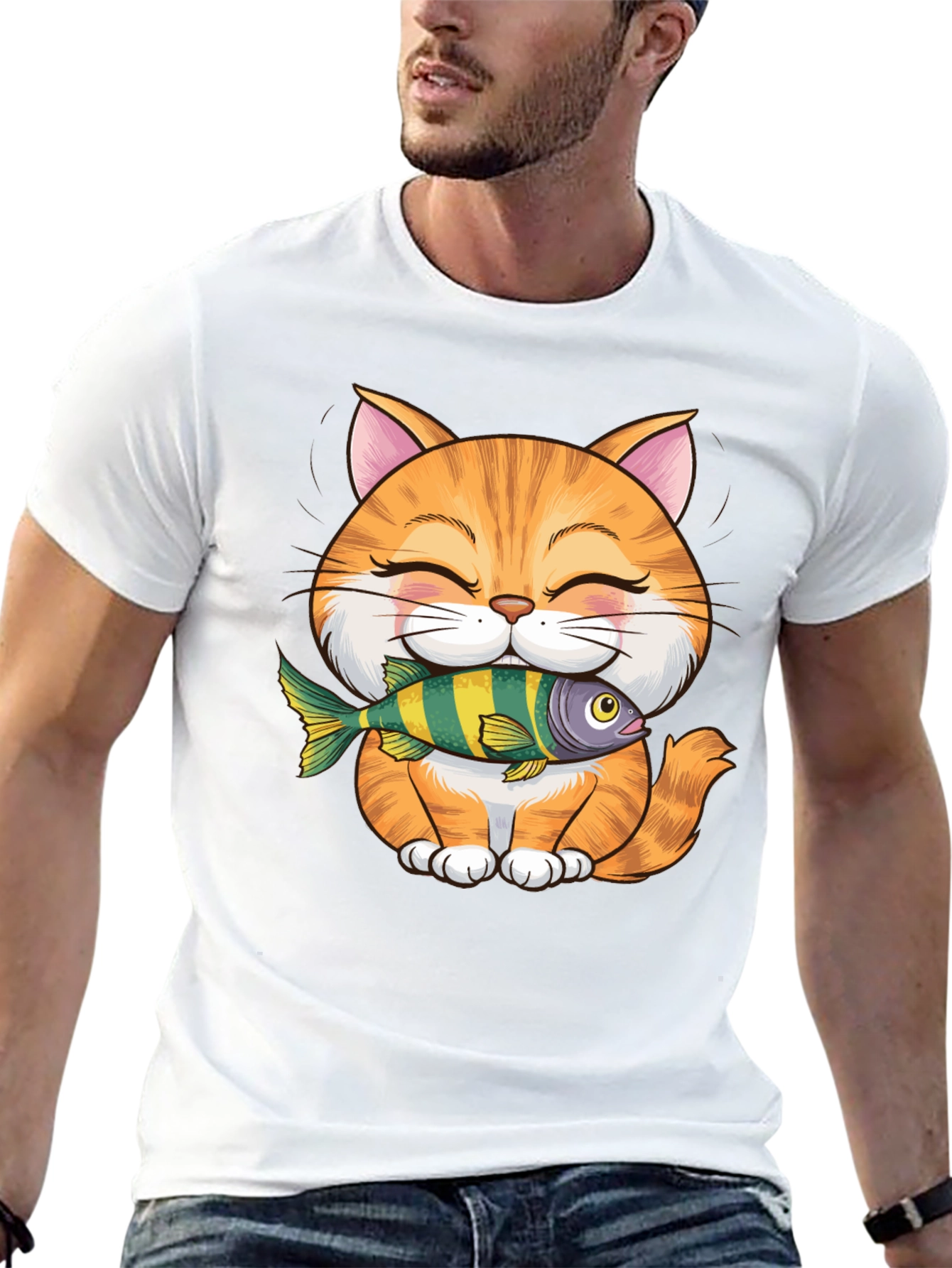 Cute Cat with Fish Graphic T-Shirt