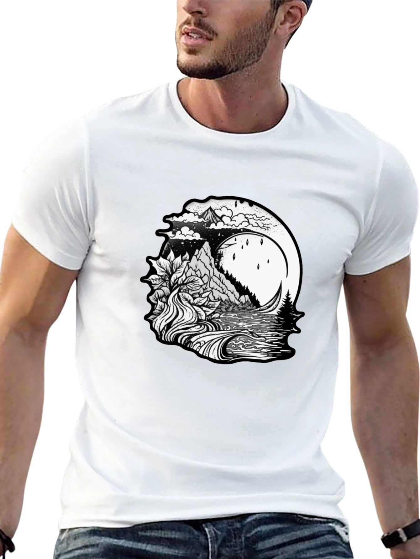 Mountain Moon Graphic Tee - Black Casual T-Shirt