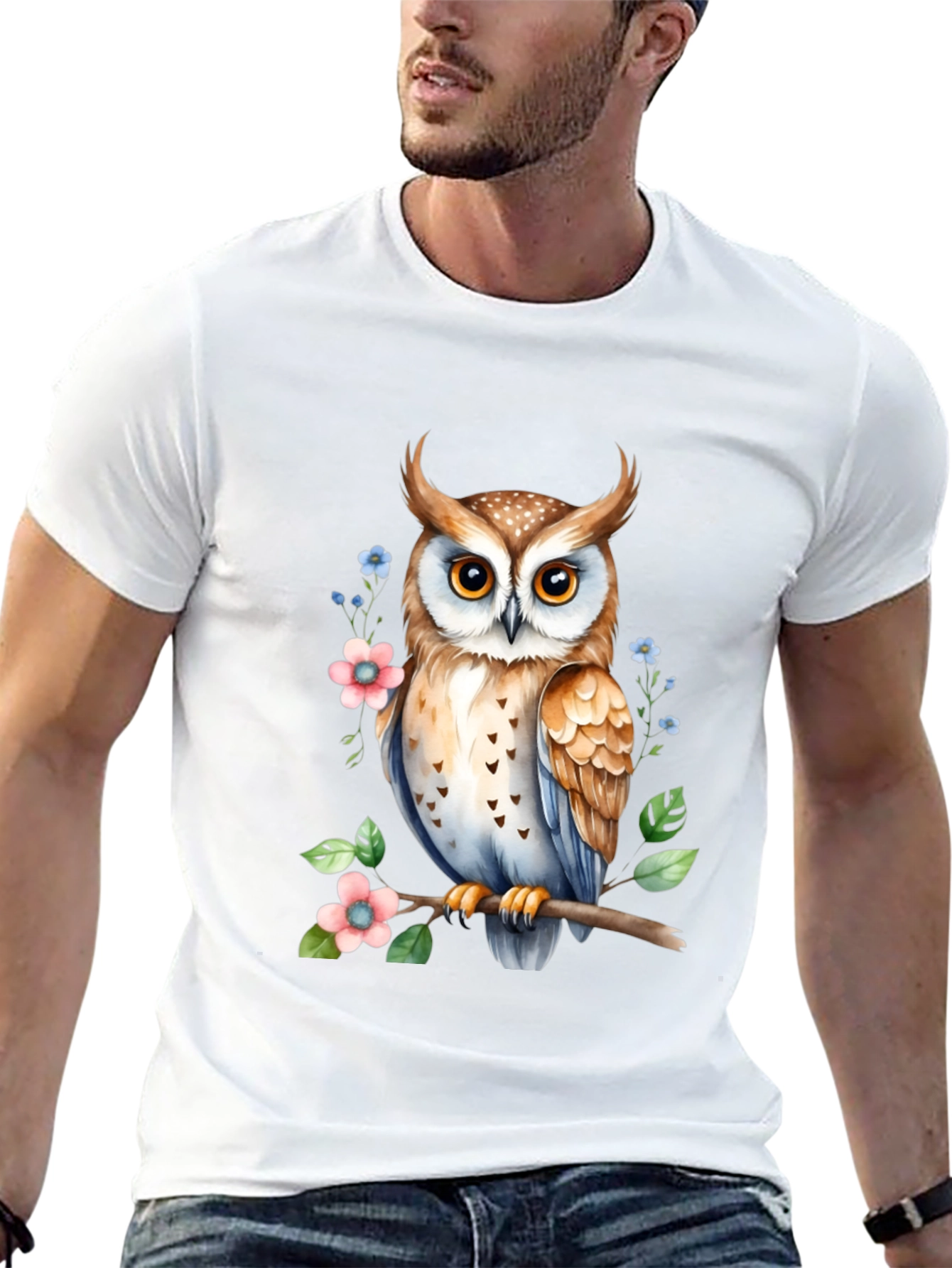 Owl and Floral Print Black T-Shirt
