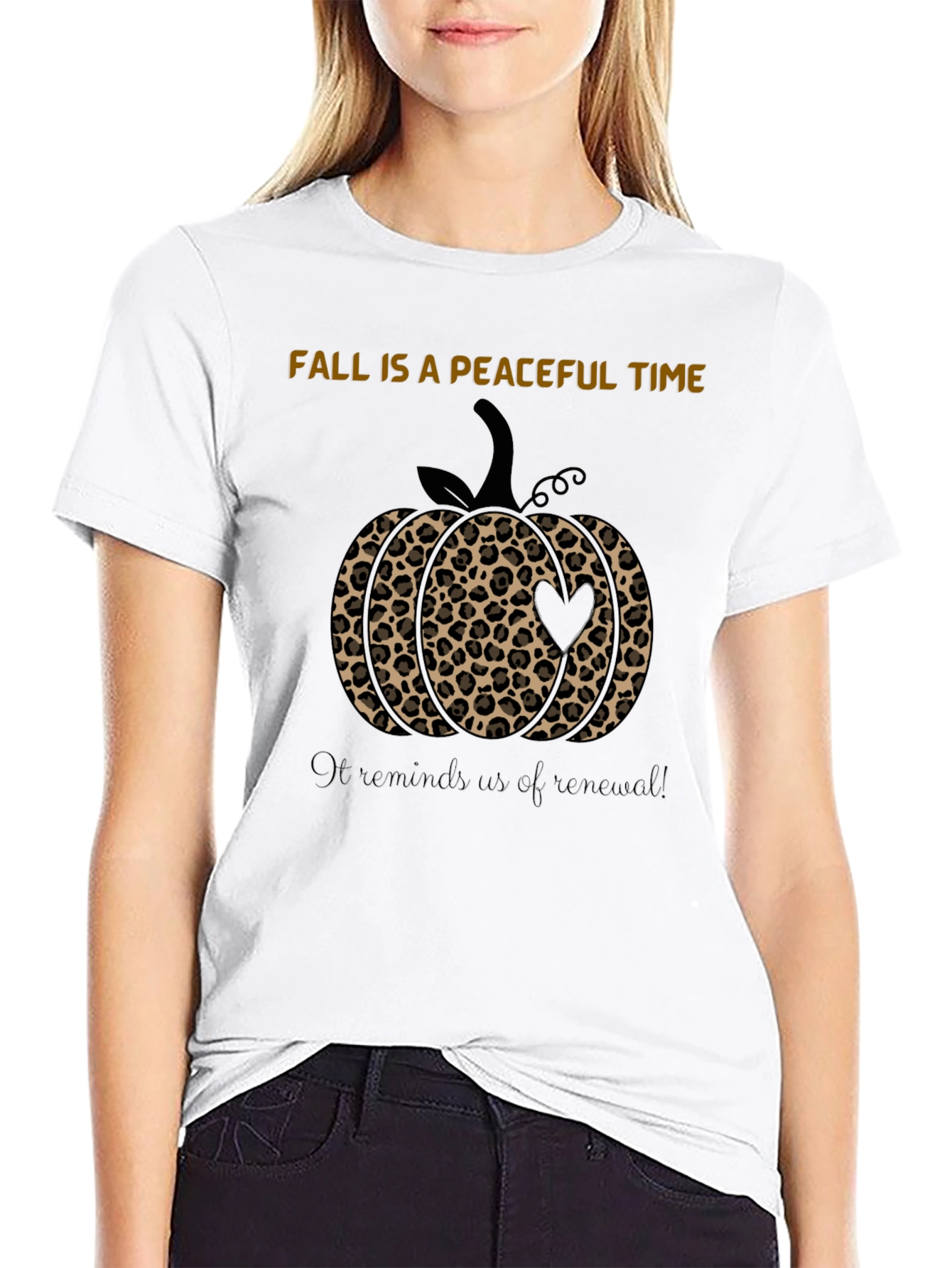 Fall Peaceful Time Pumpkin Leopard Print Black T-Shirt