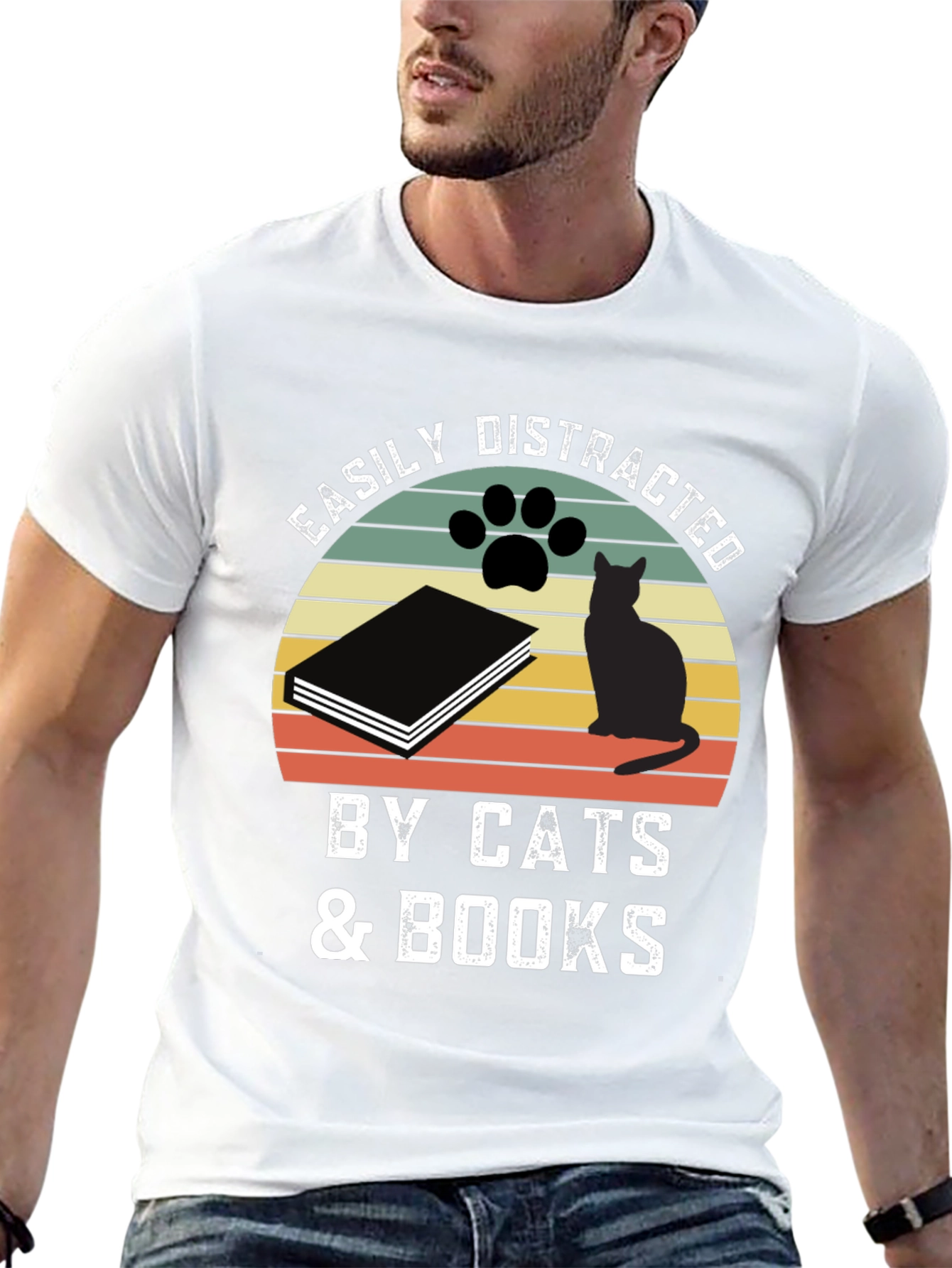 Easily Distracted by Cats & Books Graphic T-Shirt