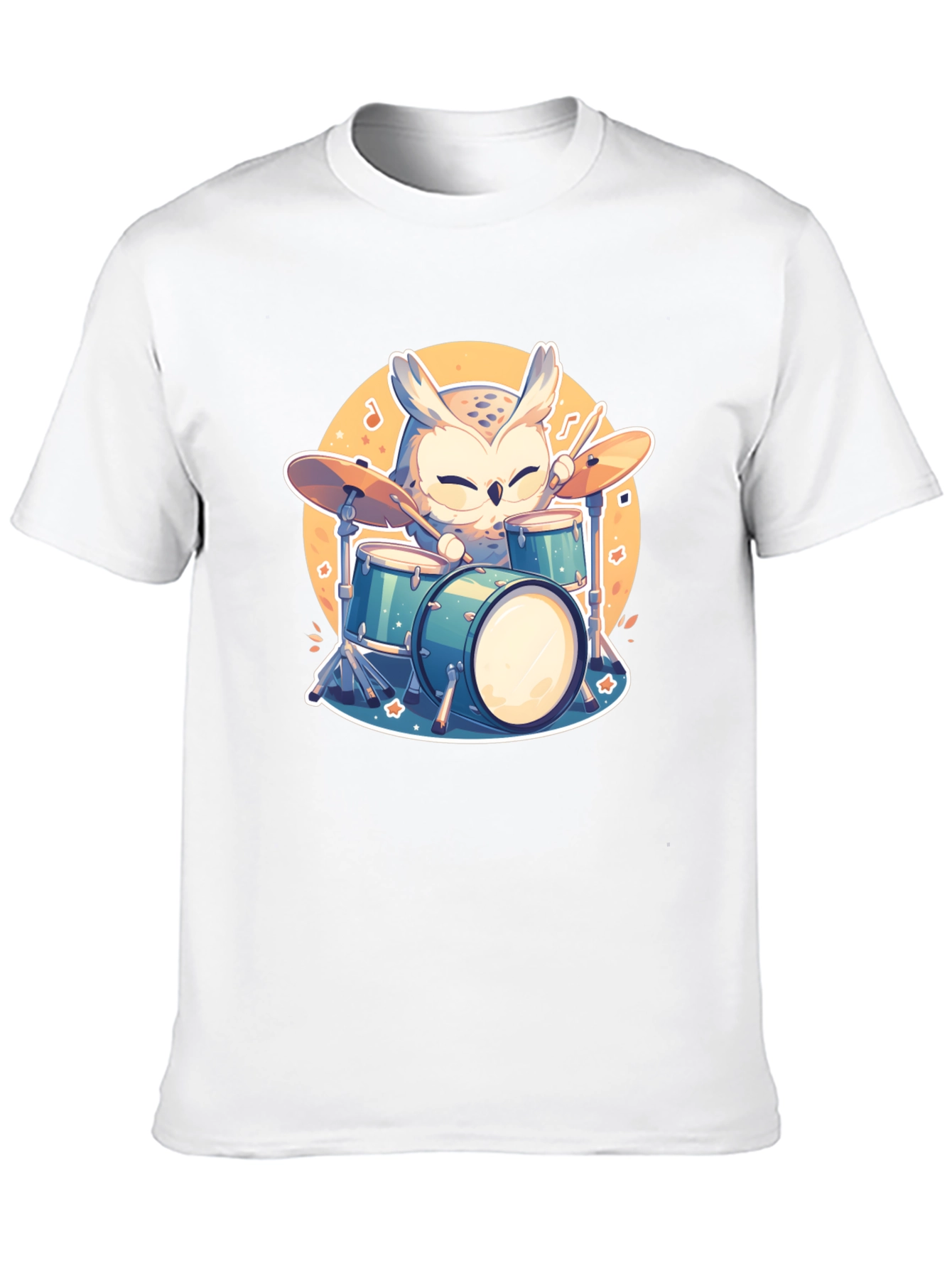 Owl Drummer Black T-Shirt - Cartoon Music Design