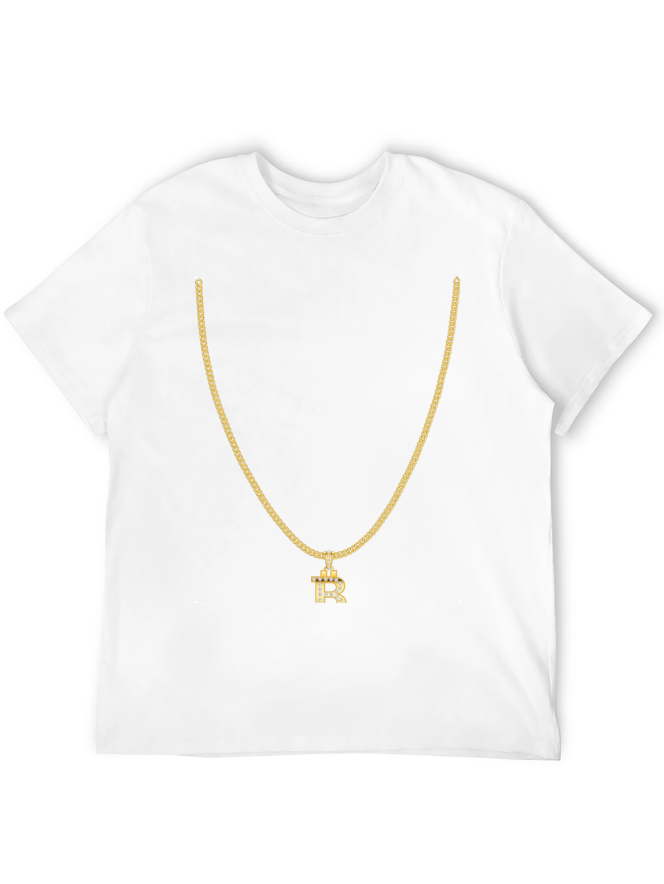 Mens Black T-Shirt with Gold Chain and R Pendant