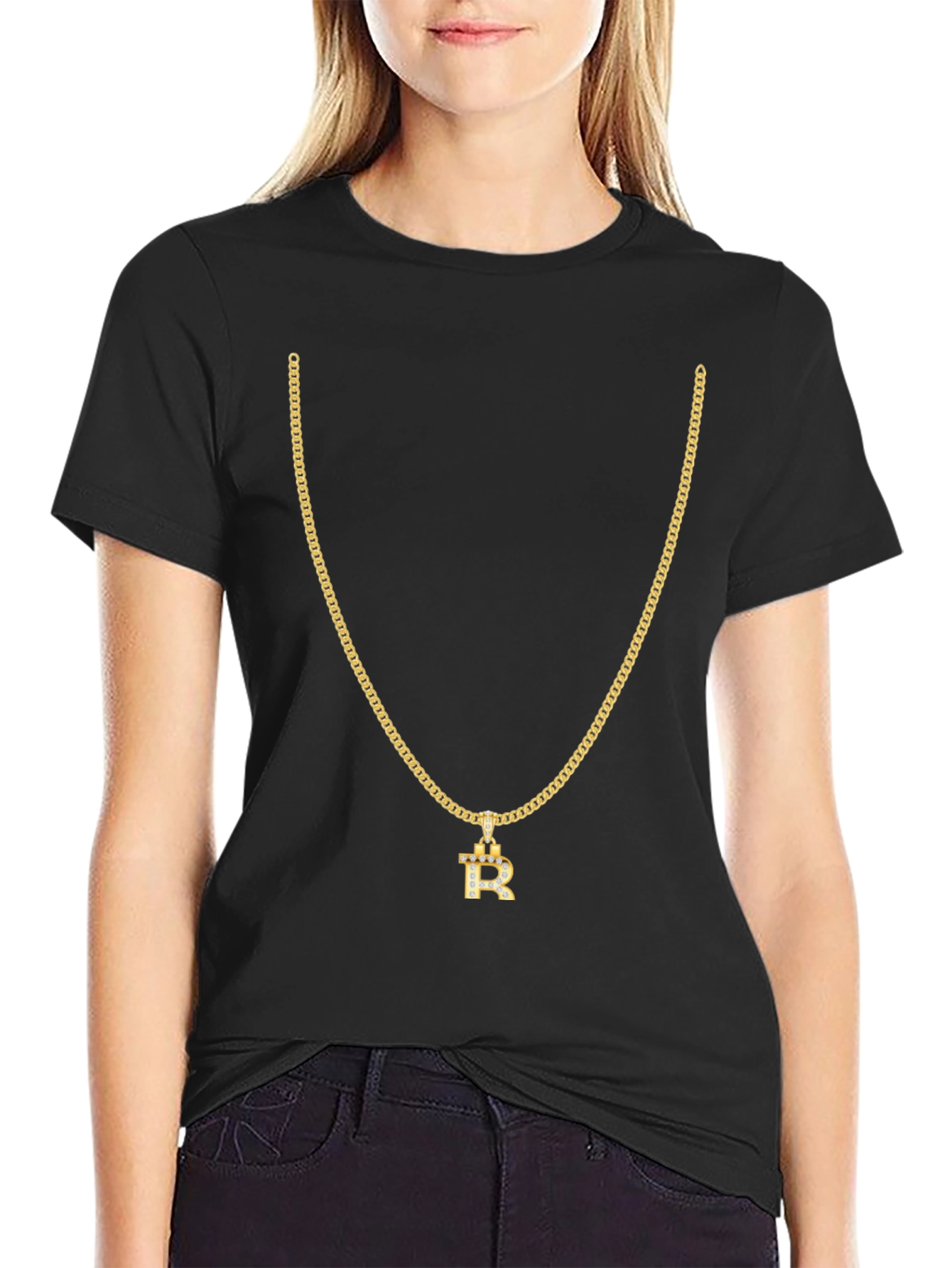 Mens Black T-Shirt with Gold Chain and R Pendant