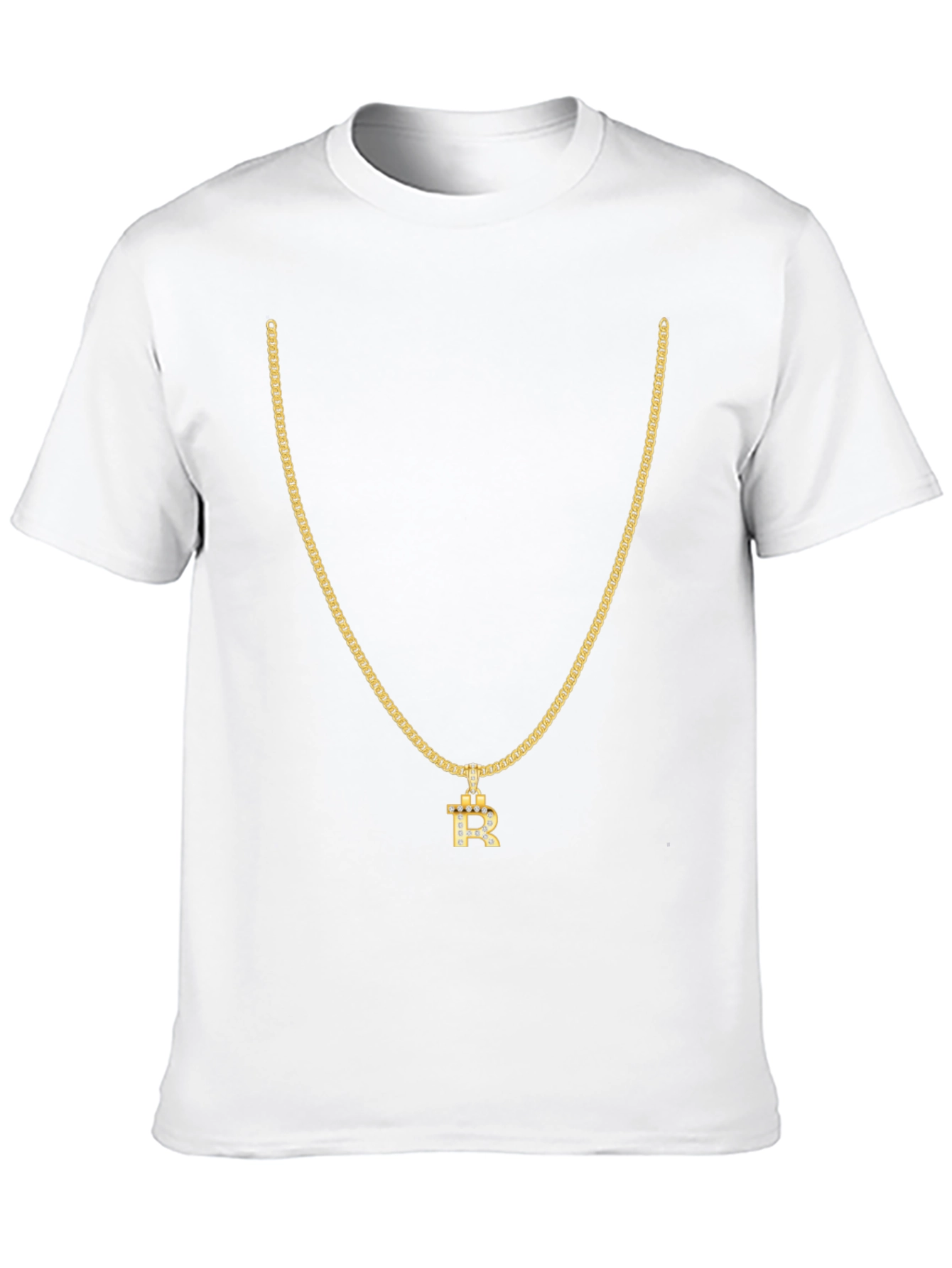 Mens Black T-Shirt with Gold Chain and R Pendant