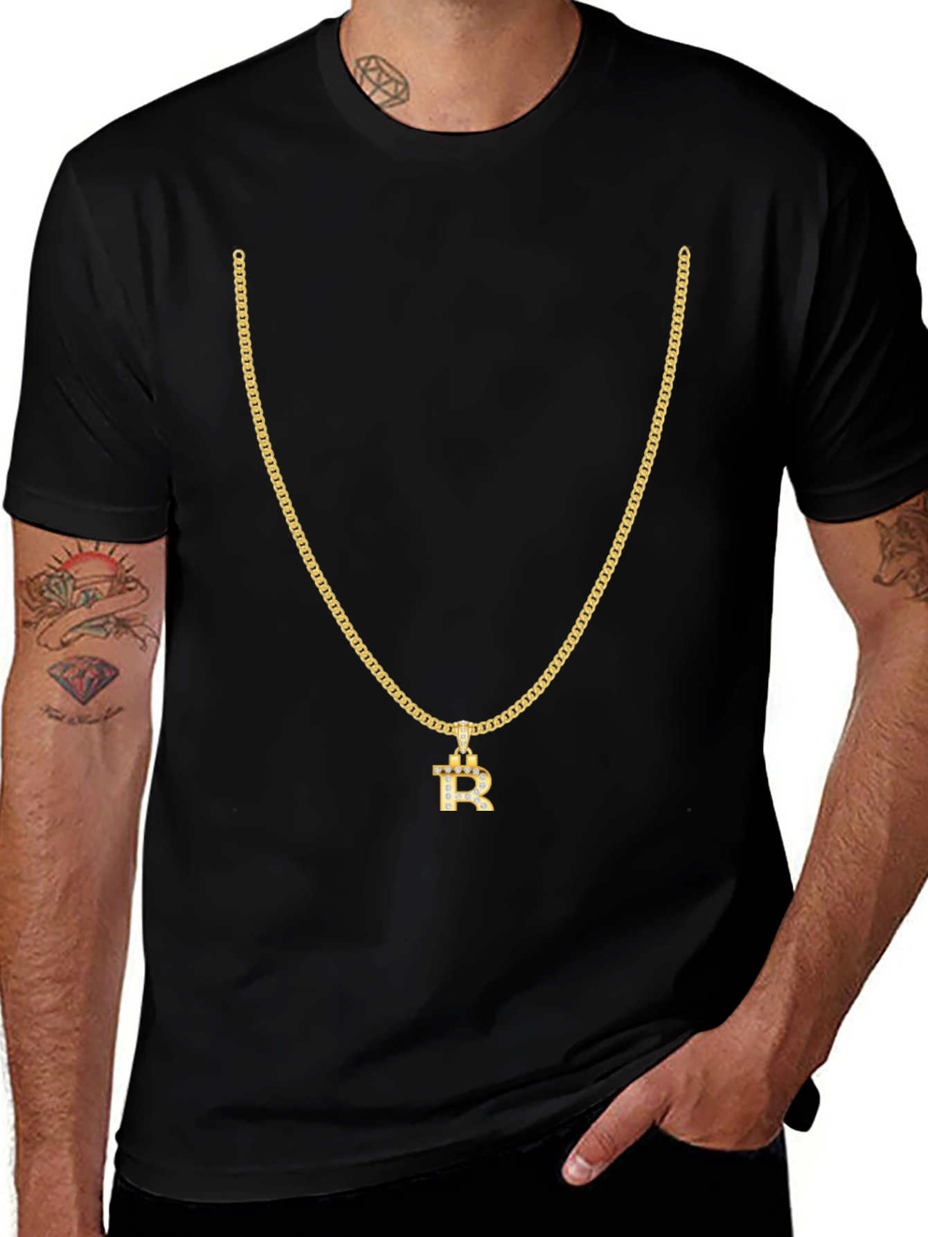 Mens Black T-Shirt with Gold Chain and R Pendant