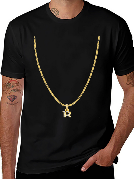 Mens Black T-Shirt with Gold Chain and R Pendant