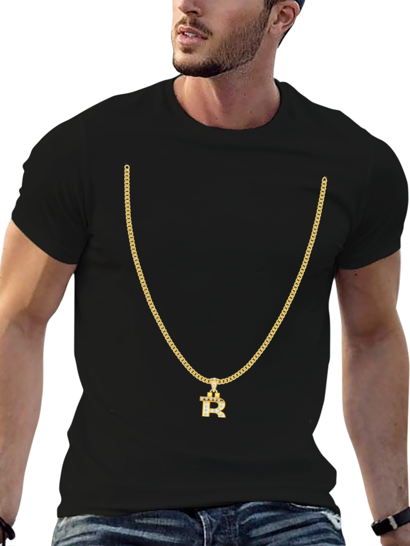 Mens Black T-Shirt with Gold Chain and R Pendant
