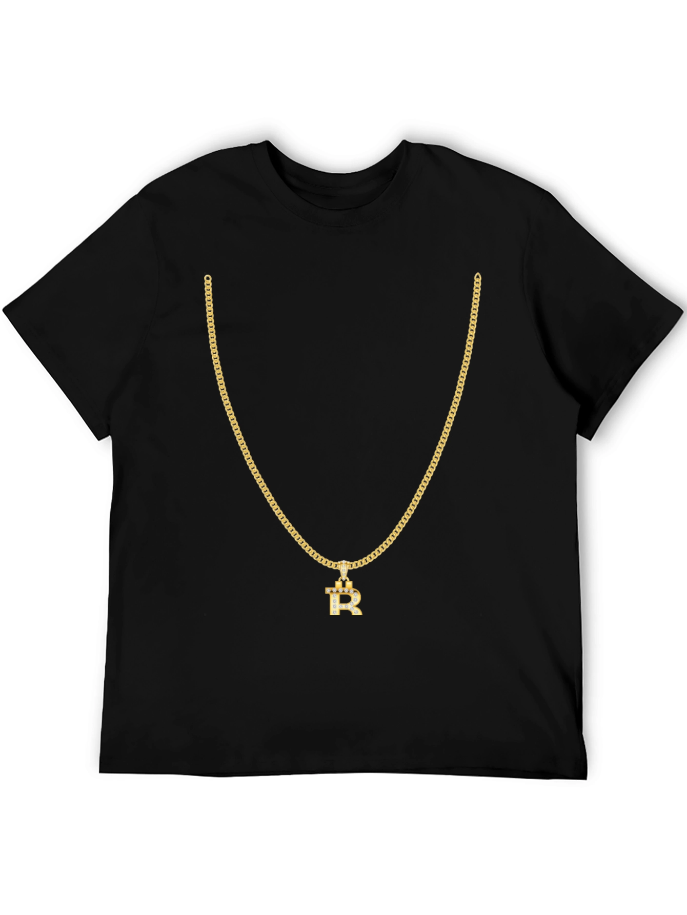 Mens Black T-Shirt with Gold Chain and R Pendant
