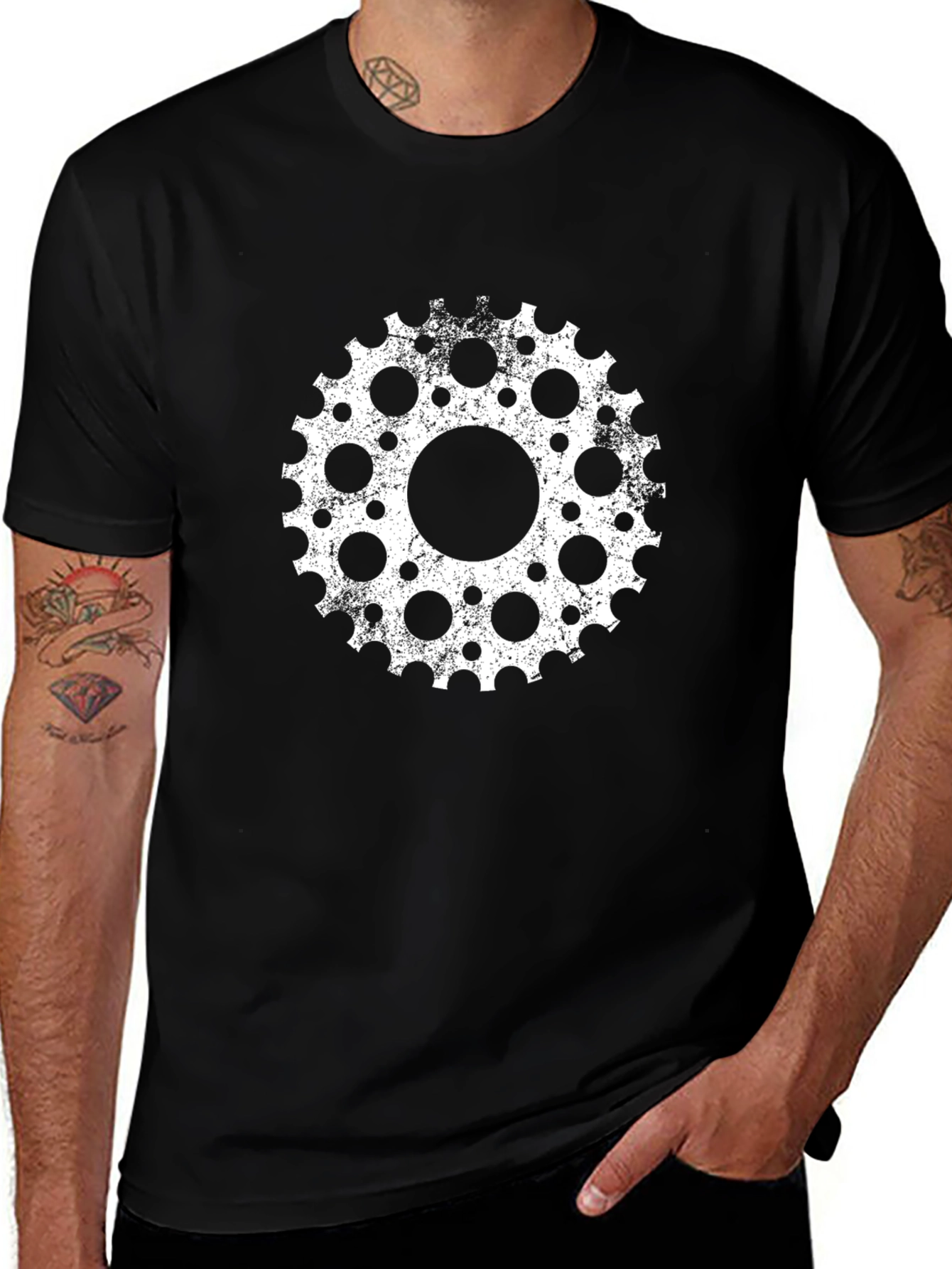 Gear Wheel Graphic Tee - Black Cotton Blend Shirt