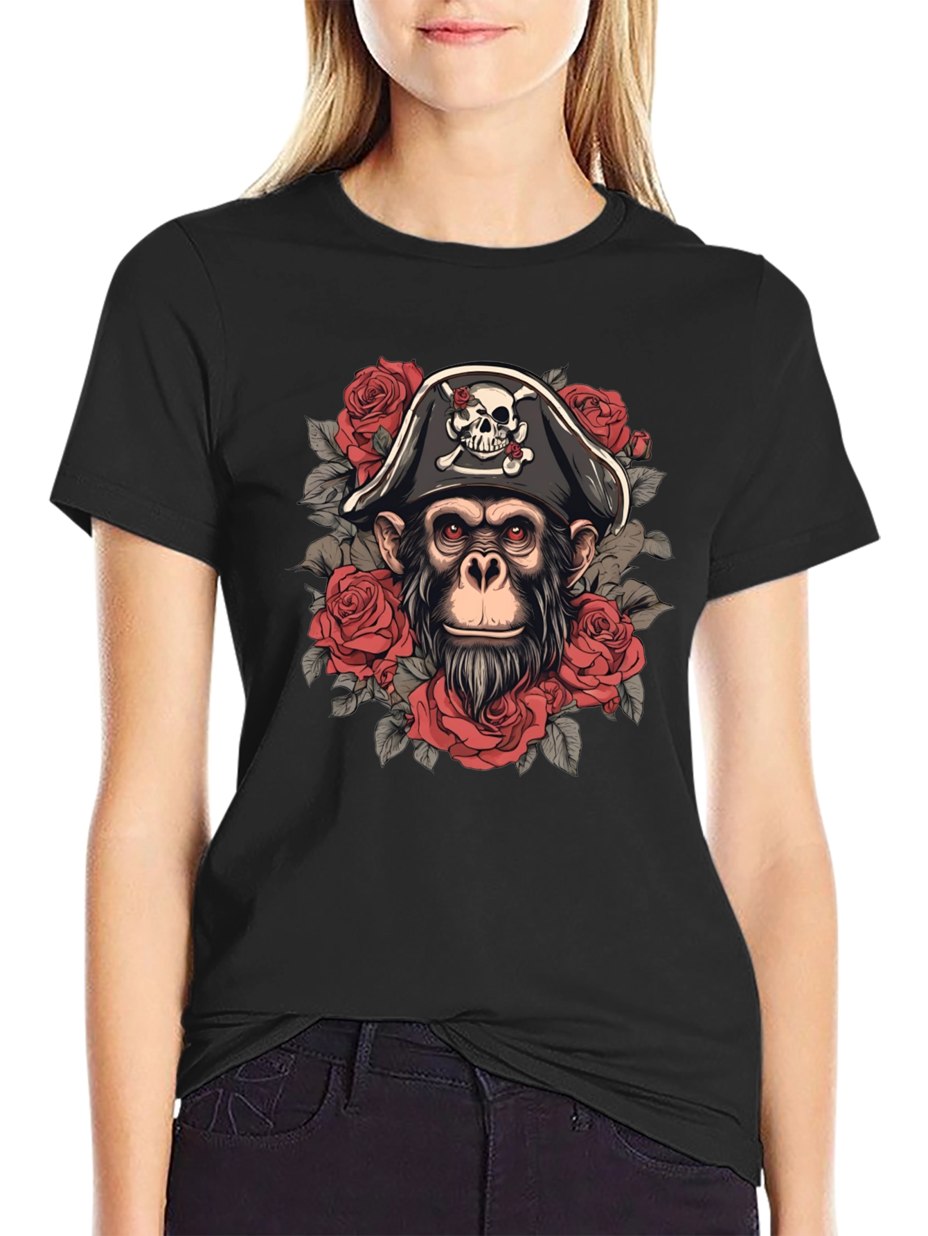 Pirate Monkey T-Shirt - Skull & Roses Graphic Tee