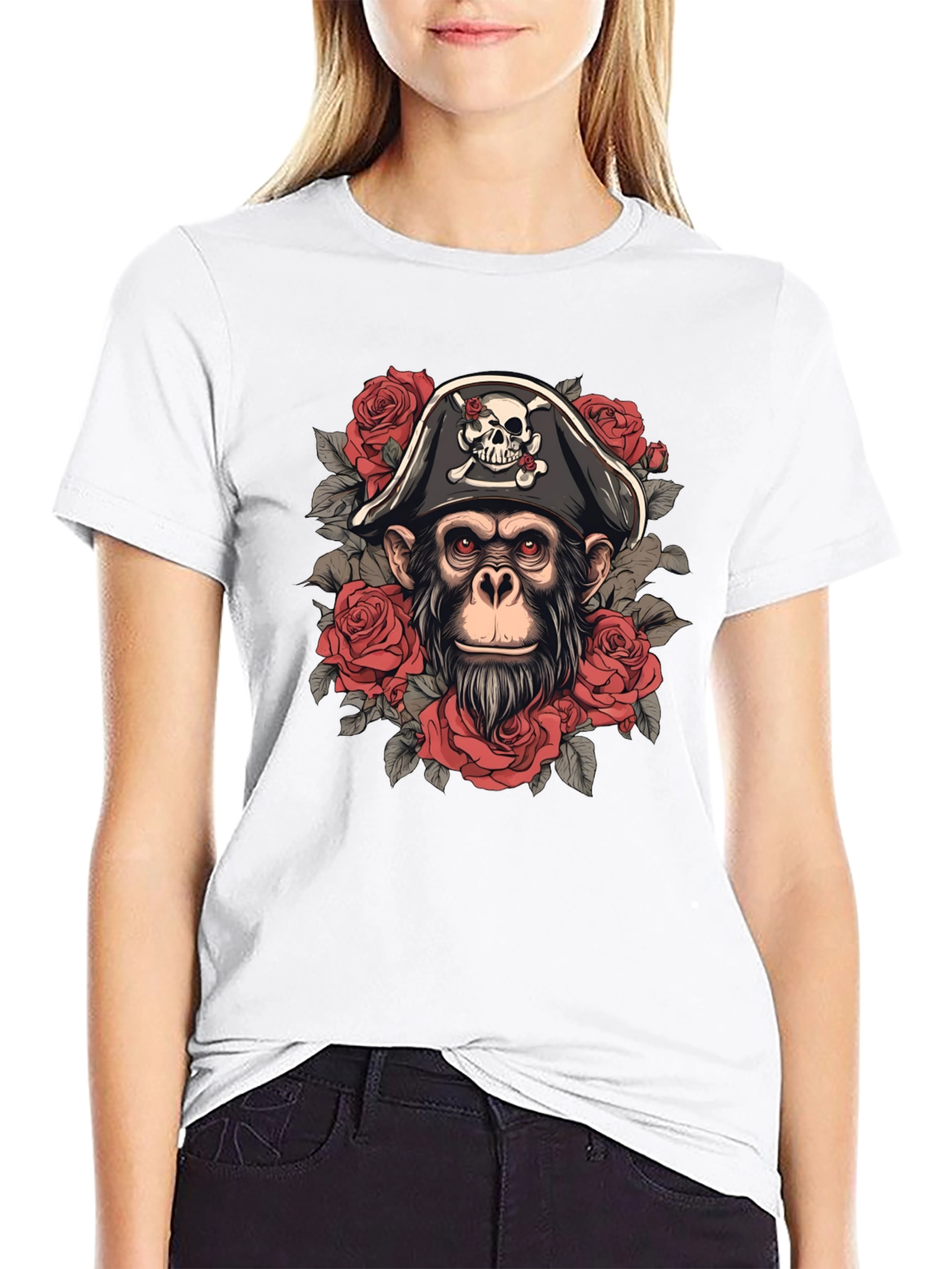 Pirate Monkey T-Shirt - Skull & Roses Graphic Tee