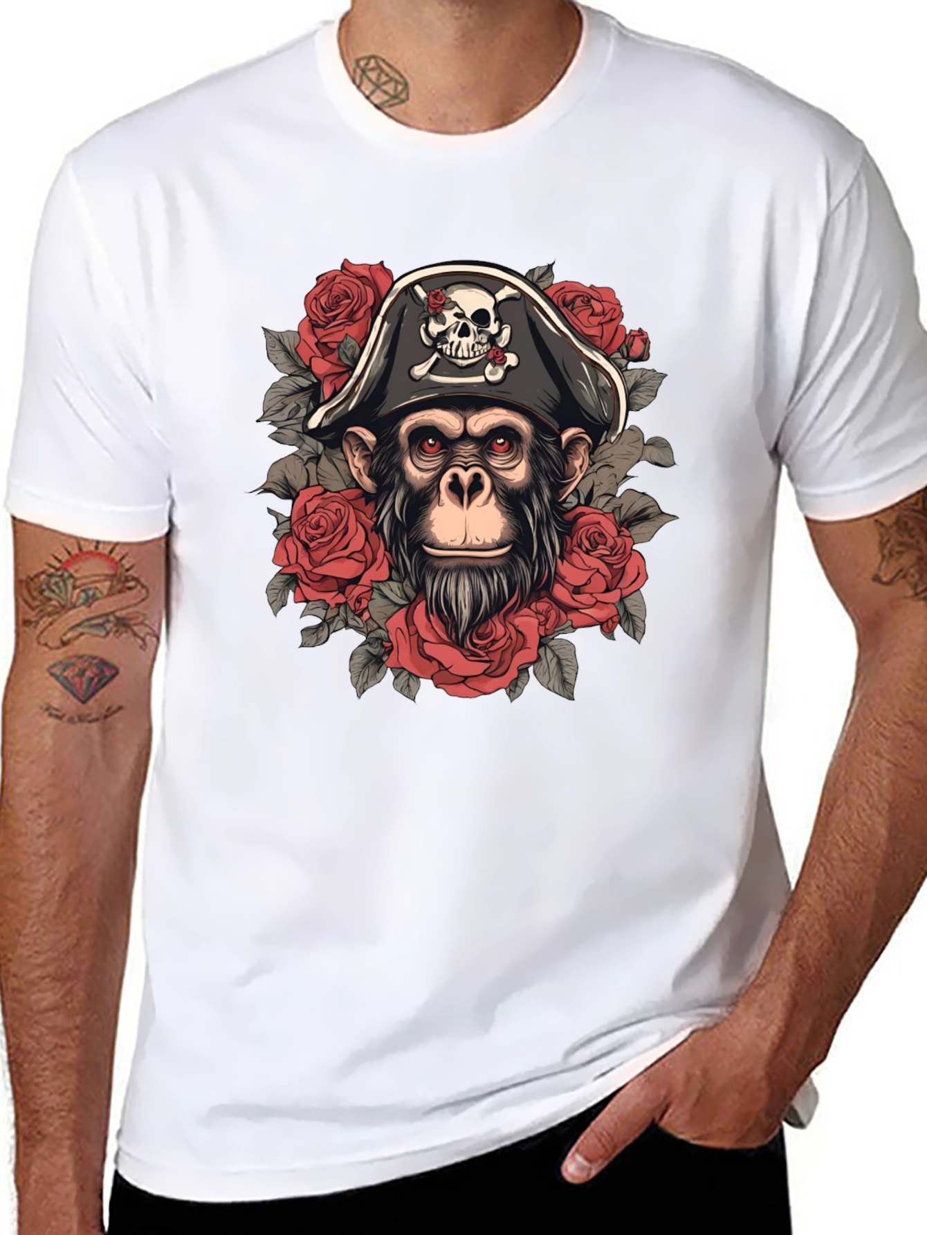 Pirate Monkey T-Shirt - Skull & Roses Graphic Tee