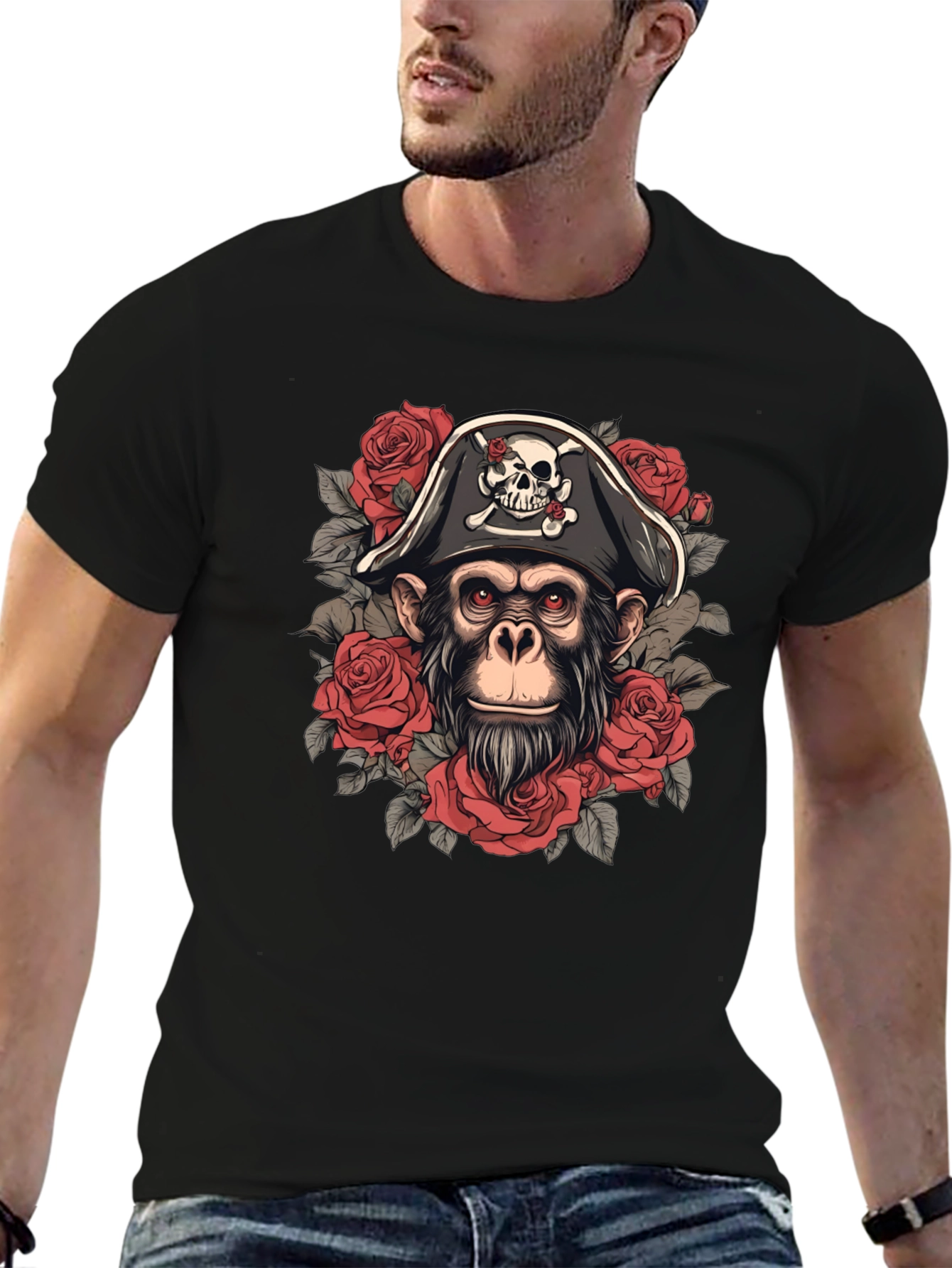 Pirate Monkey T-Shirt - Skull & Roses Graphic Tee