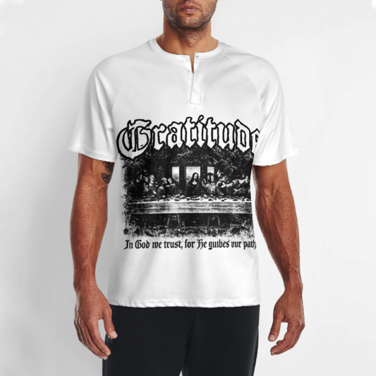Gratitude Gothic Graphic Tee, Vintage Faith Inspired Streetwear Shirt, Retro Religious Art T-Shirt, Distressed Monochrome Urban Fashion Top(z748)