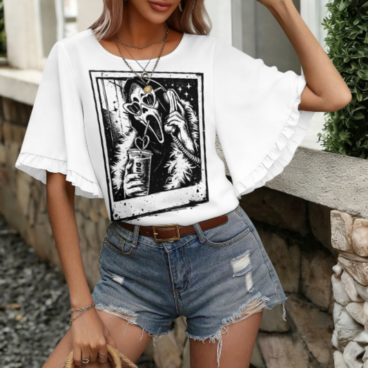Retro Horror Aesthetic Graphic Tee, Spooky Phone Call Shirt, Vintage Gothic Streetwear Top, Alternative Fashion Oversized Women’s T-Shirt(z626)