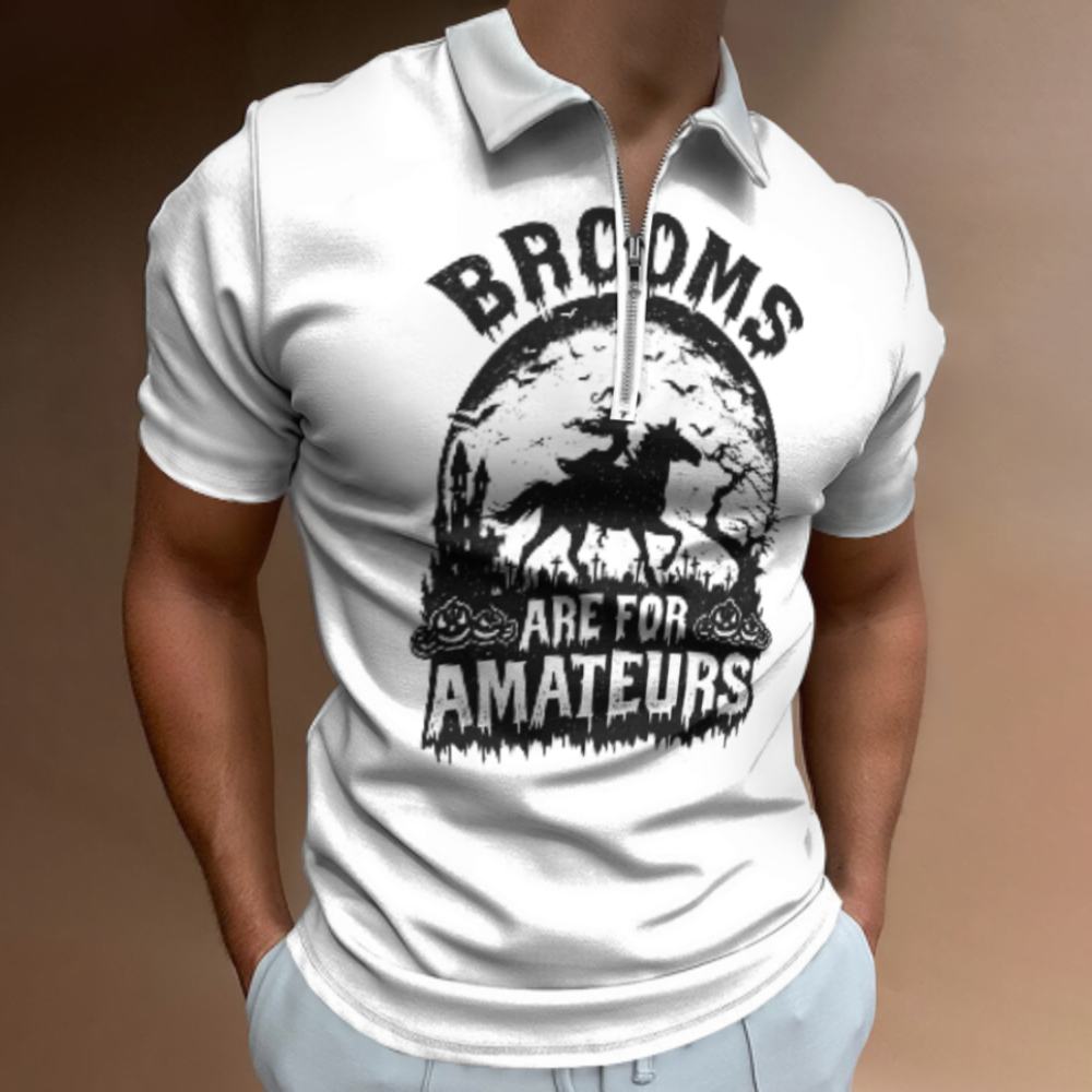 Brooms Are for Amateurs Halloween Graphic Polo Shirt – Witch Riding Horse Vintage Spooky Quarter Zip Tee(z765)