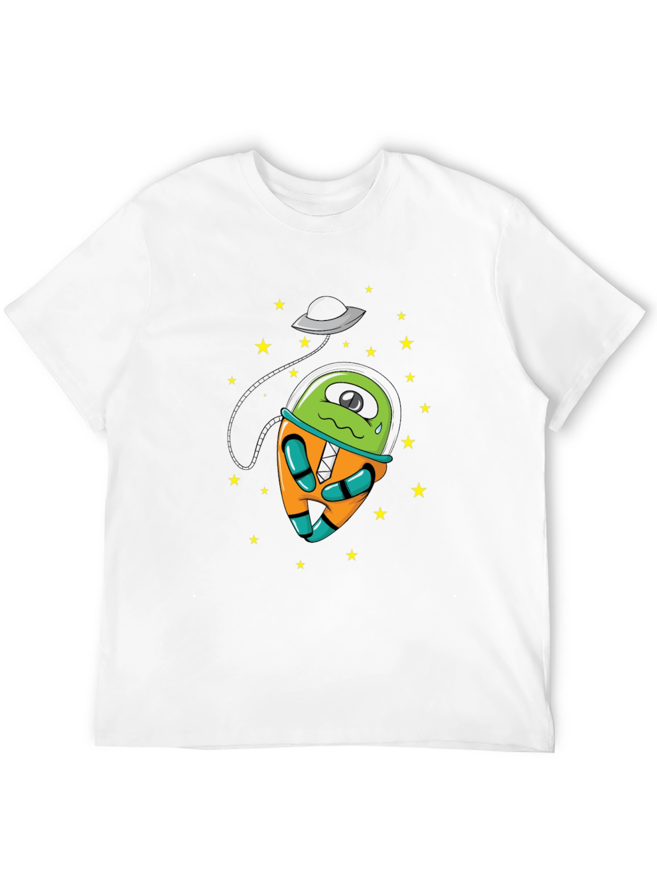 Cartoon Alien UFO Graphic Tee - Black Cotton