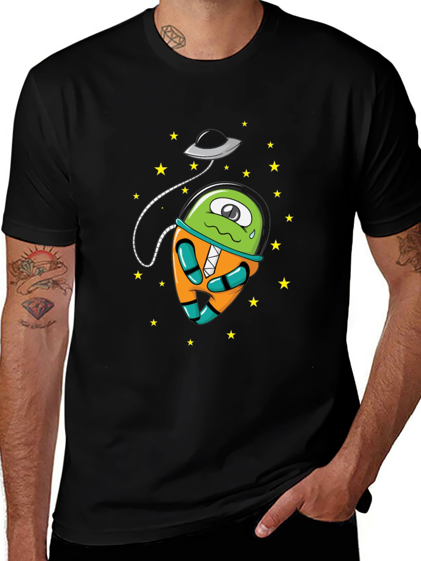 Cartoon Alien UFO Graphic Tee - Black Cotton