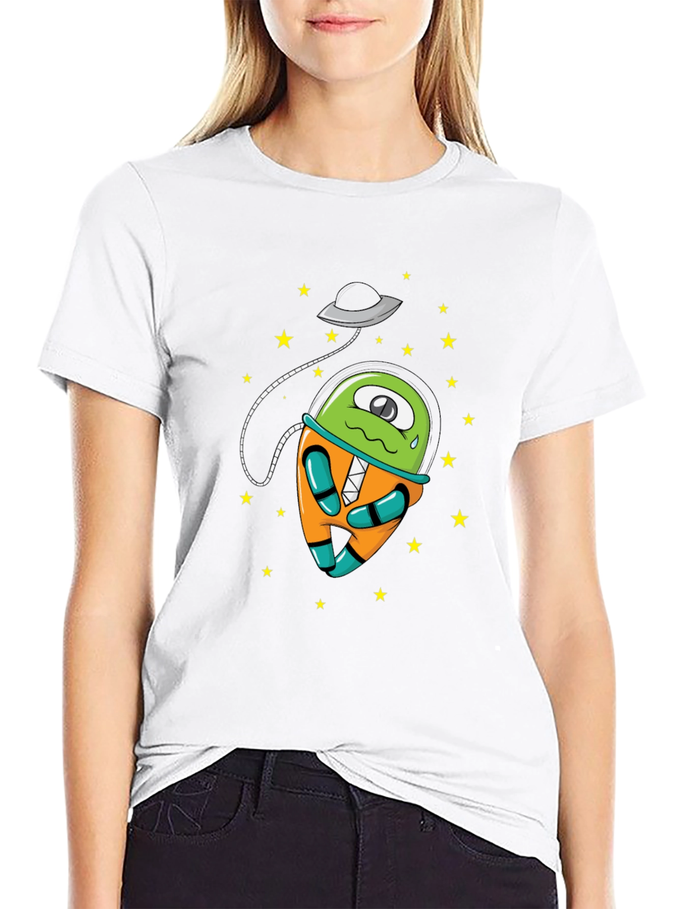 Cartoon Alien UFO Graphic Tee - Black Cotton