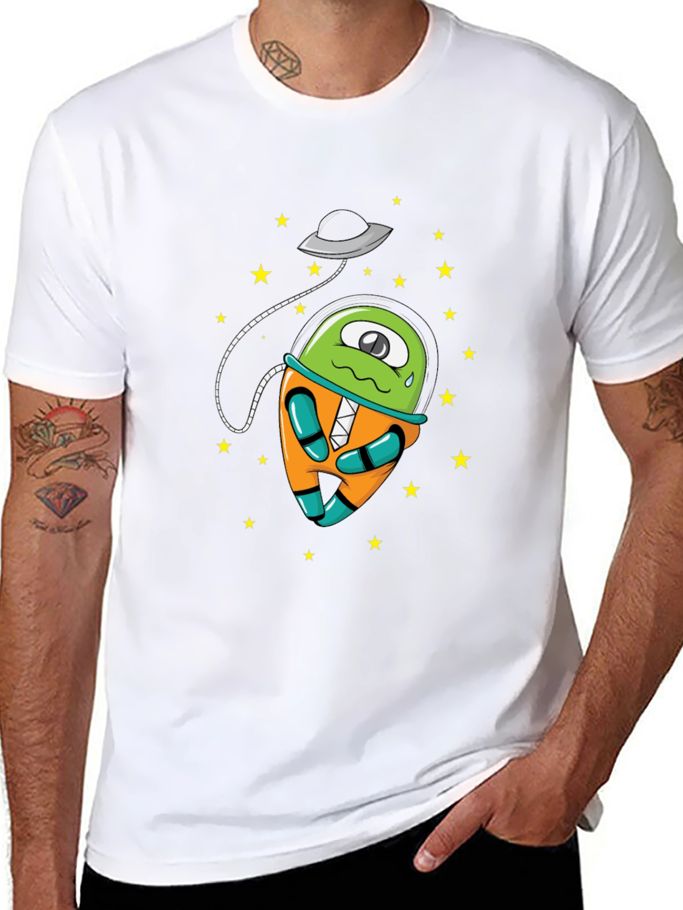 Cartoon Alien UFO Graphic Tee - Black Cotton