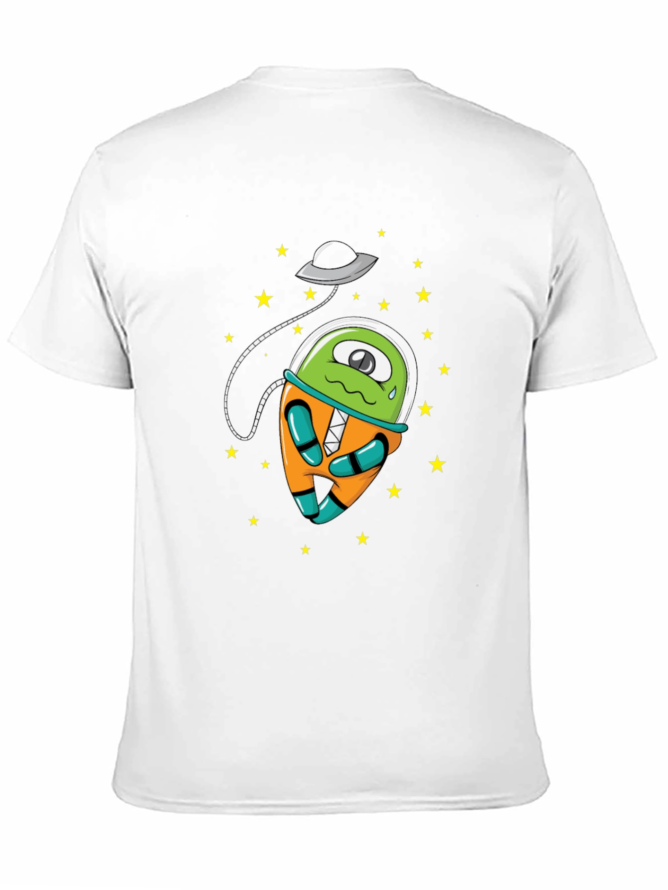 Cartoon Alien UFO Graphic Tee - Black Cotton