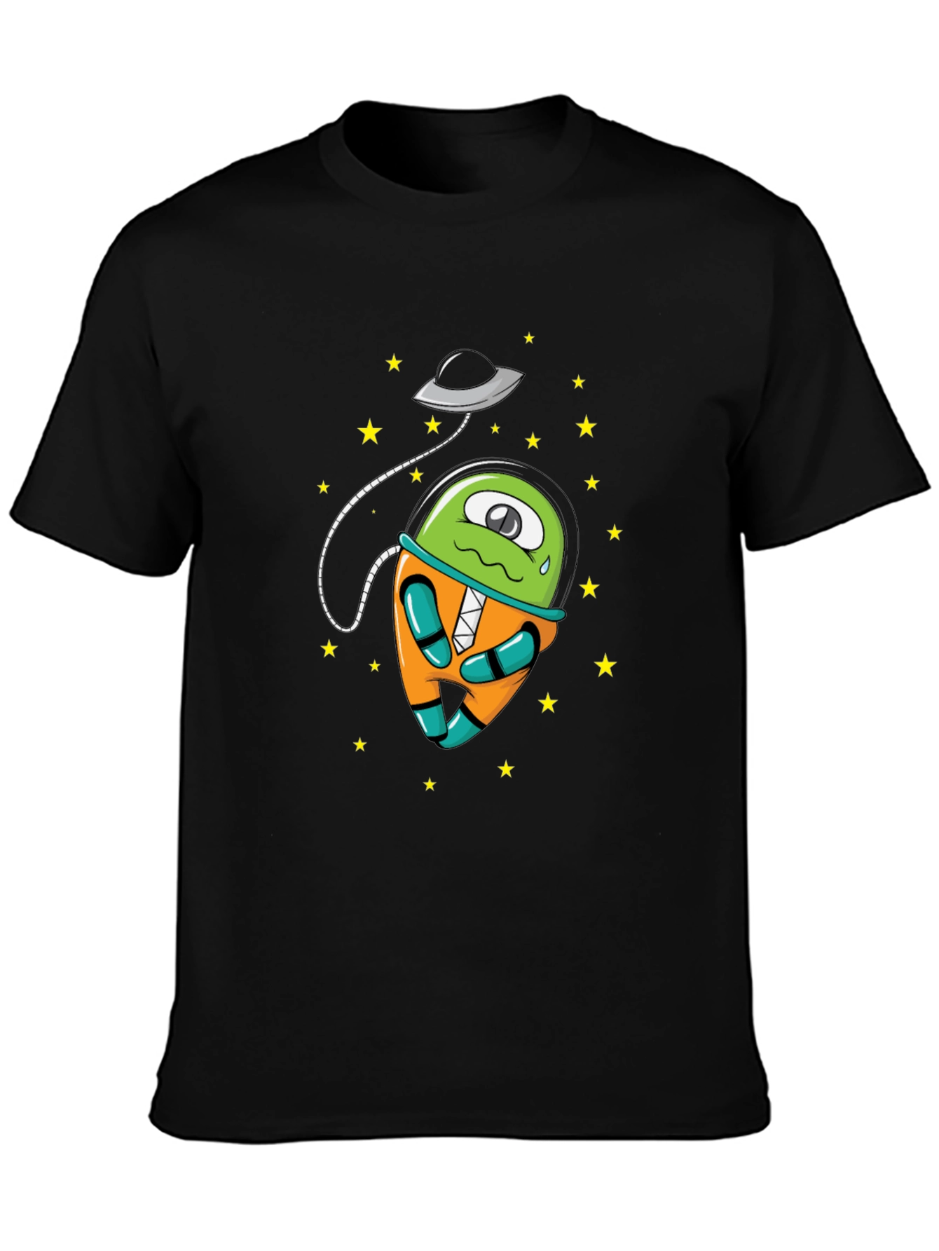 Cartoon Alien UFO Graphic Tee - Black Cotton
