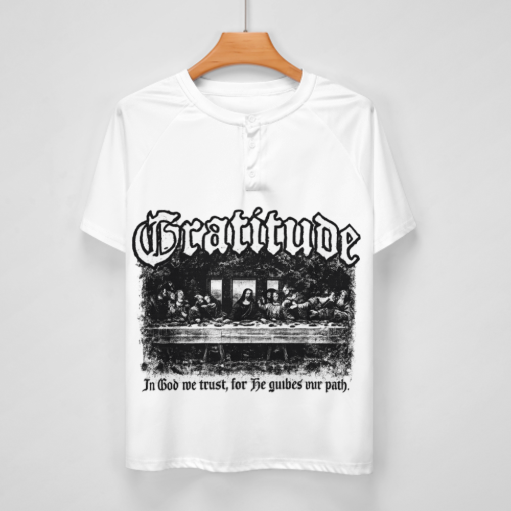 Gratitude Gothic Graphic Tee, Vintage Faith Inspired Streetwear Shirt, Retro Religious Art T-Shirt, Distressed Monochrome Urban Fashion Top(z748)