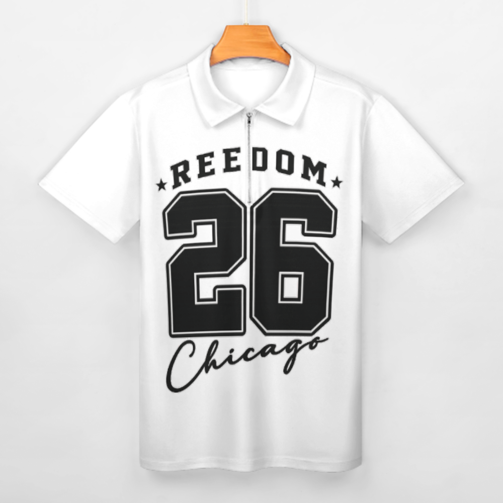 Freedom 26 Chicago Graphic Polo Shirt, Vintage Varsity Number Tee, Streetwear Inspired Men’s Zip Collar Shirt, Urban Casual Sports Style Top(z761)