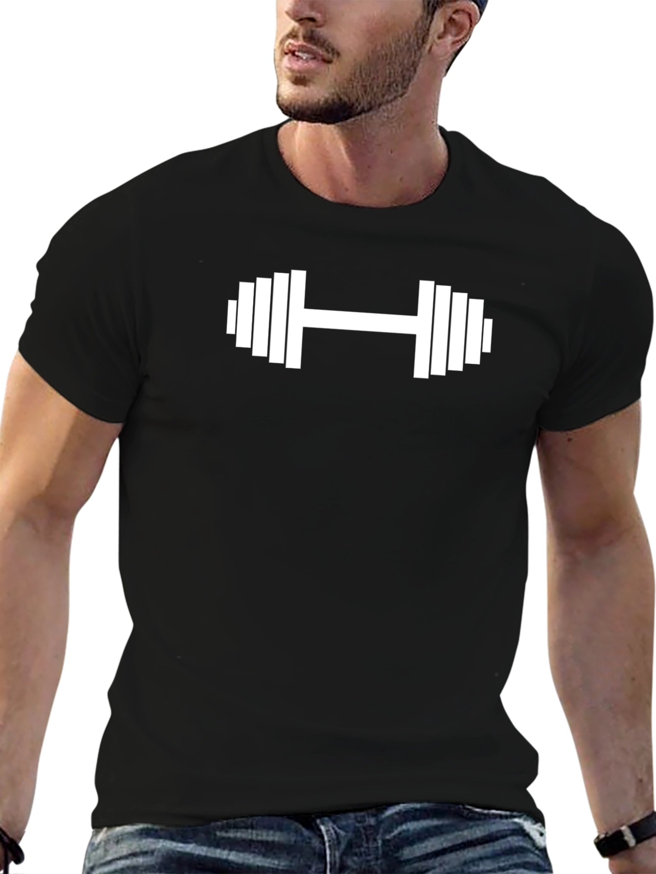Black T-Shirt with White Dumbbell Graphic