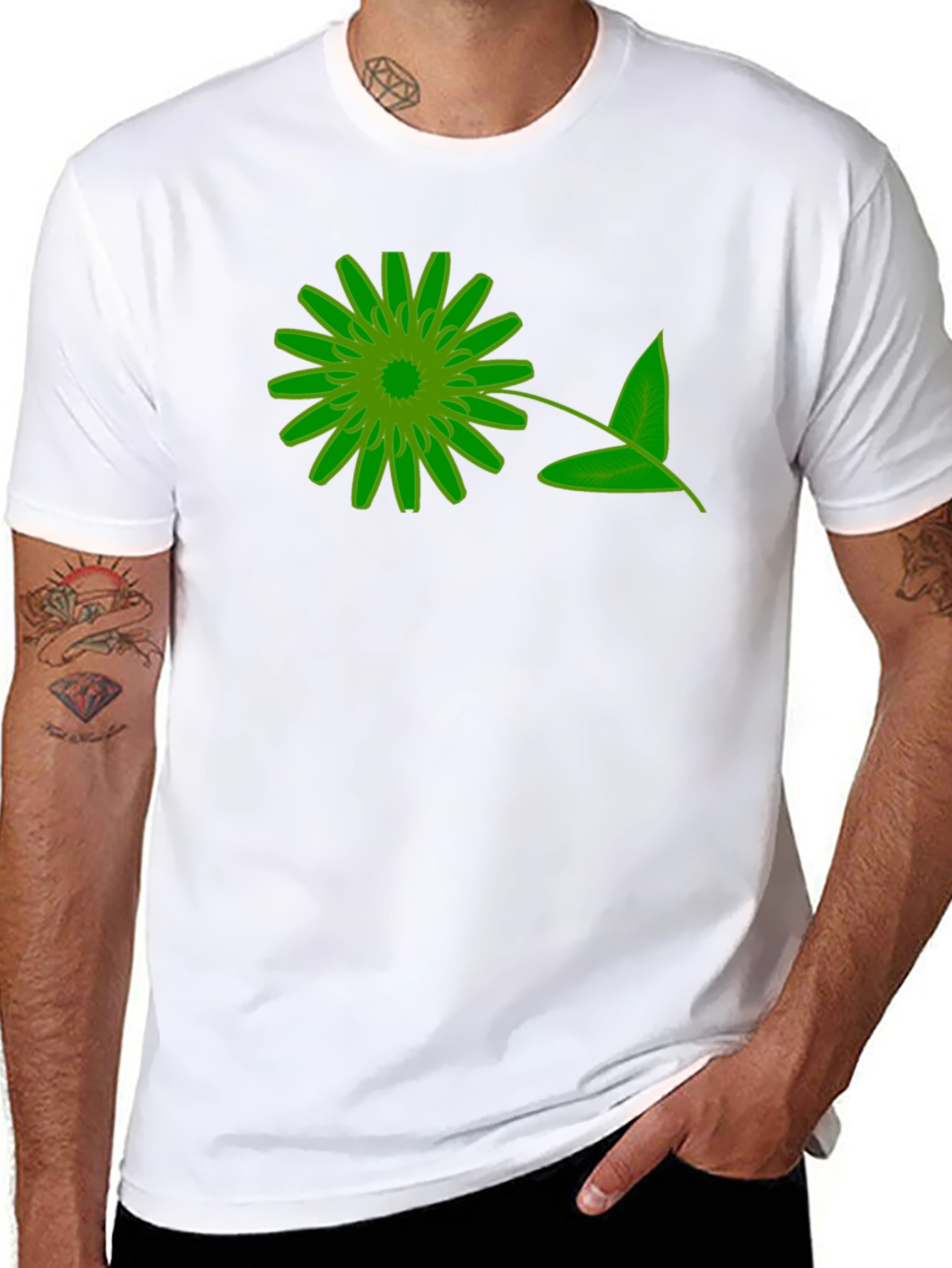 Green Floral Graphic Black T-Shirt