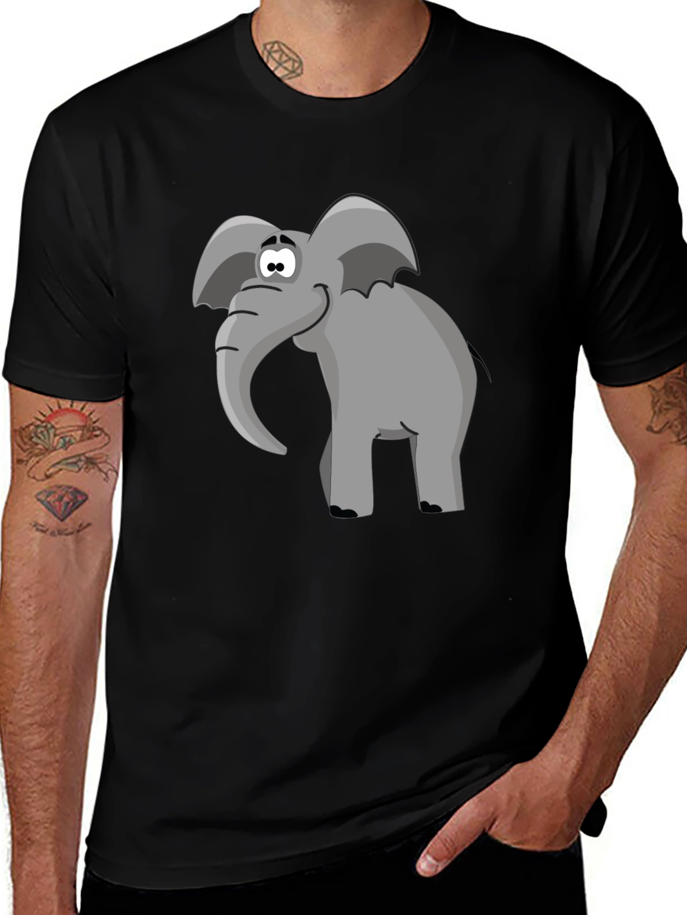 Cartoon Elephant Graphic Tee - Black T-Shirt