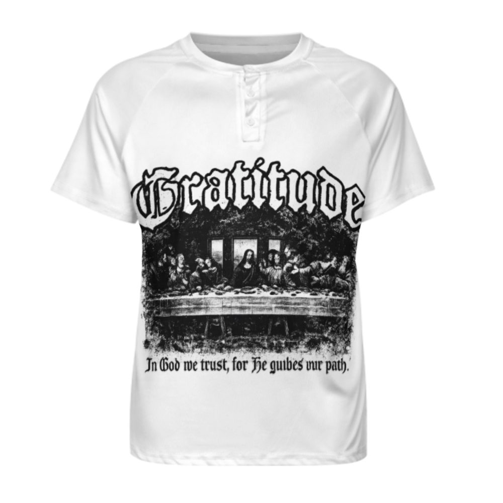 Gratitude Gothic Graphic Tee, Vintage Faith Inspired Streetwear Shirt, Retro Religious Art T-Shirt, Distressed Monochrome Urban Fashion Top(z748)