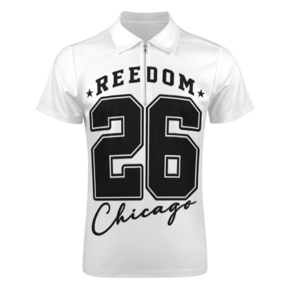 Freedom 26 Chicago Graphic Polo Shirt, Vintage Varsity Number Tee, Streetwear Inspired Men’s Zip Collar Shirt, Urban Casual Sports Style Top(z761)