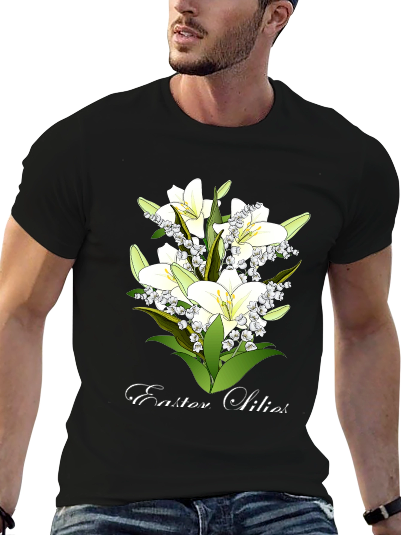 Easter Lilies Graphic Tee - Black Cotton T-Shirt
