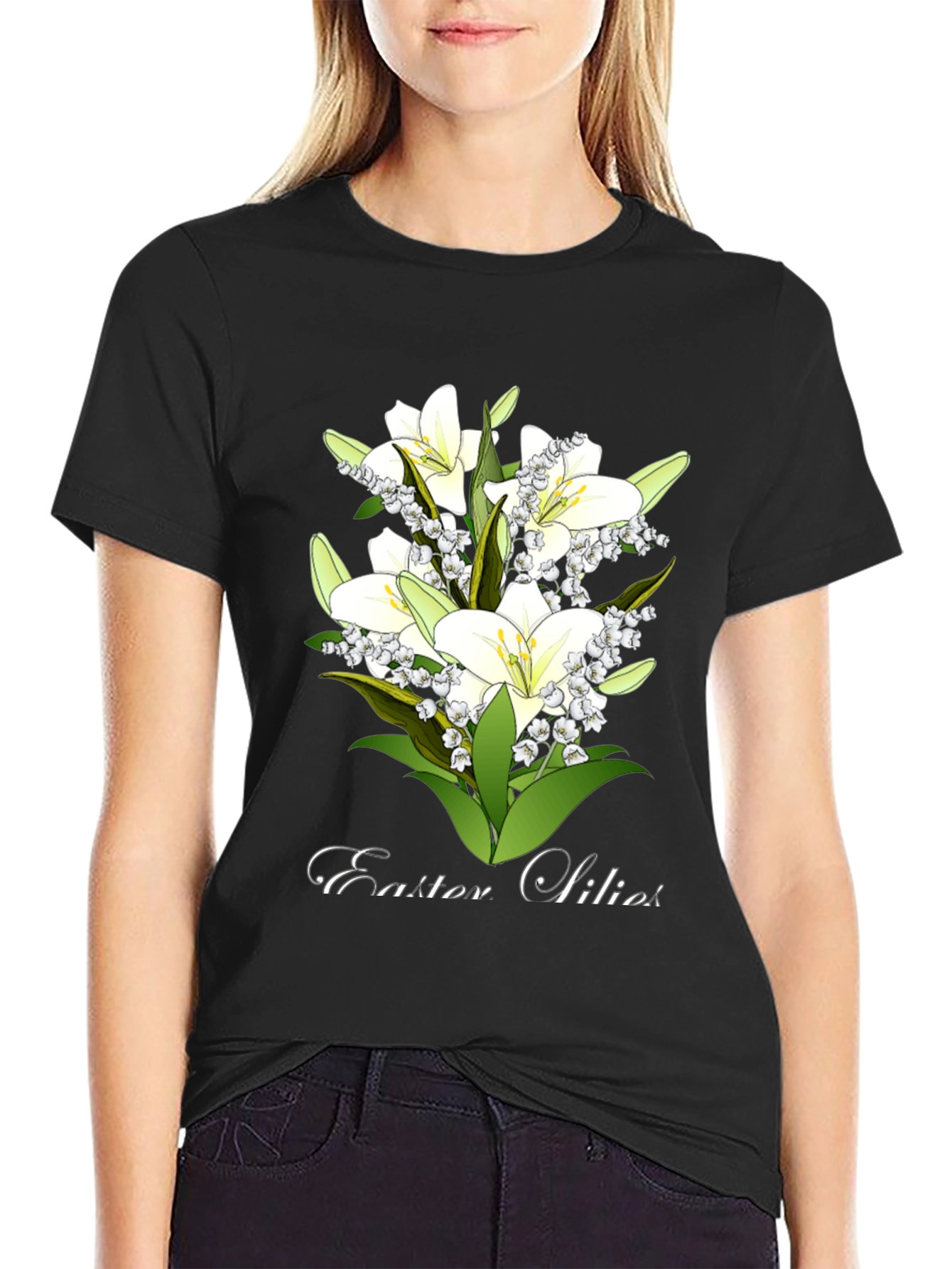 Easter Lilies Graphic Tee - Black Cotton T-Shirt