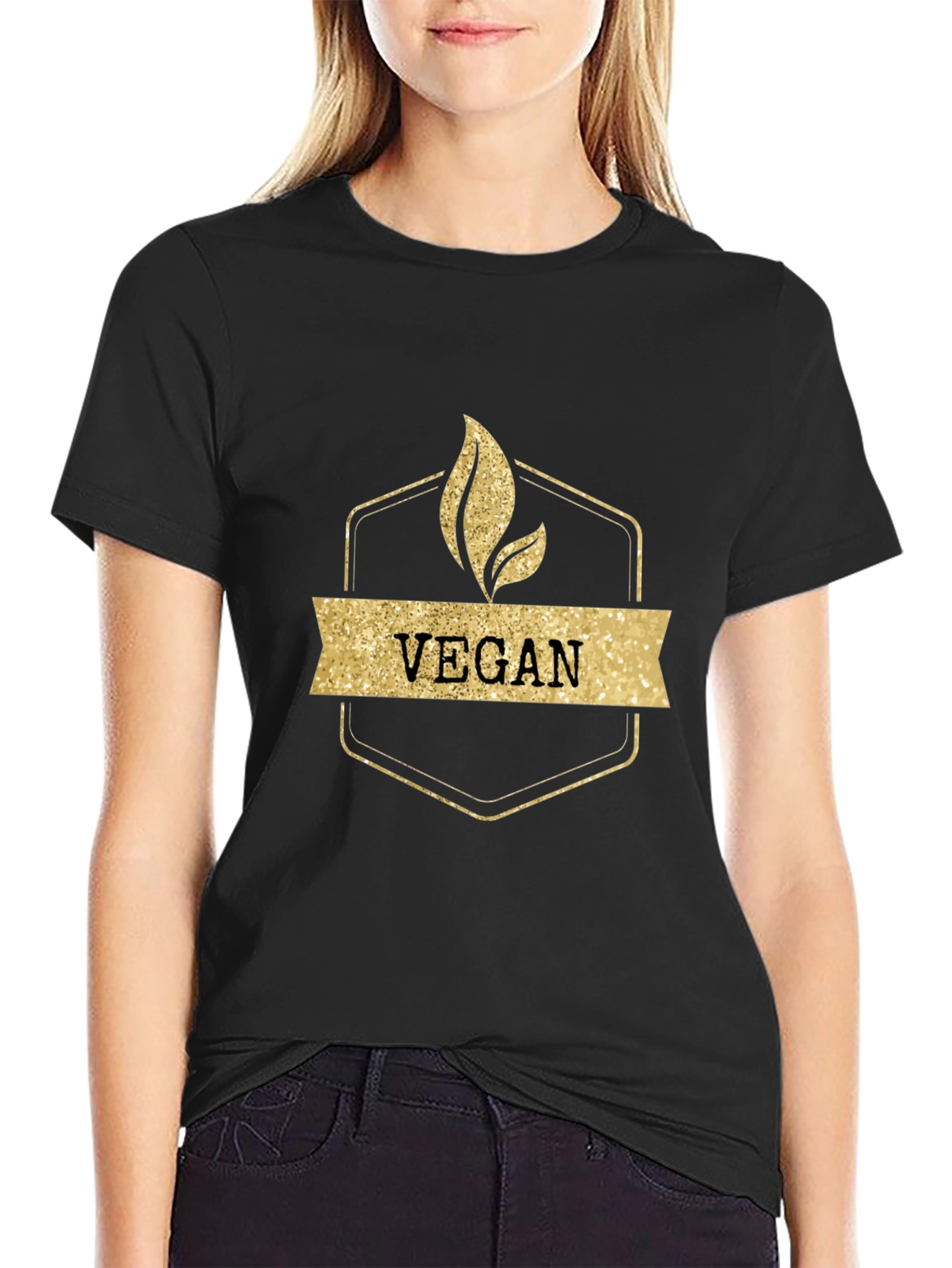 Vegan Gold Glitter Design Black T-Shirt