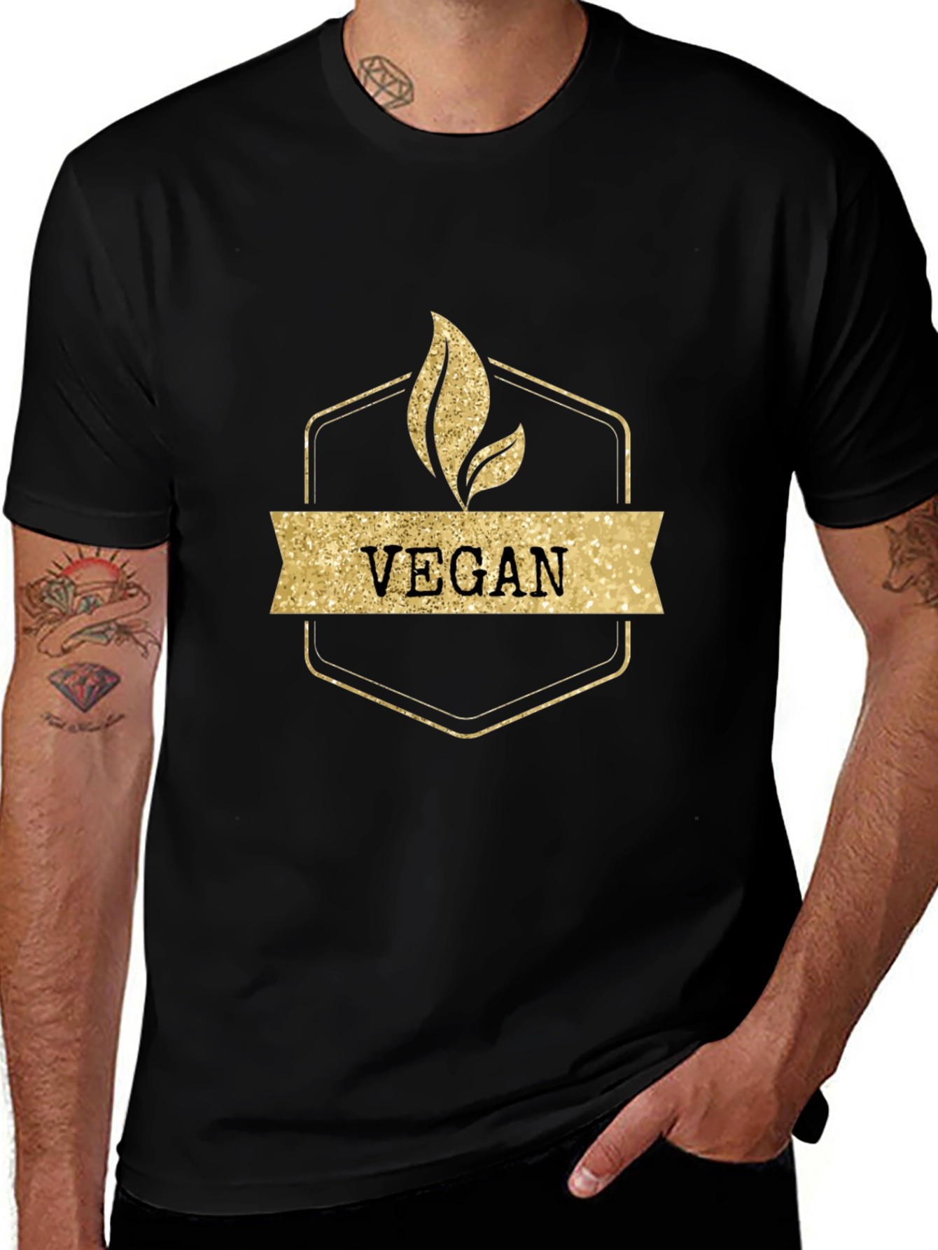 Vegan Gold Glitter Design Black T-Shirt
