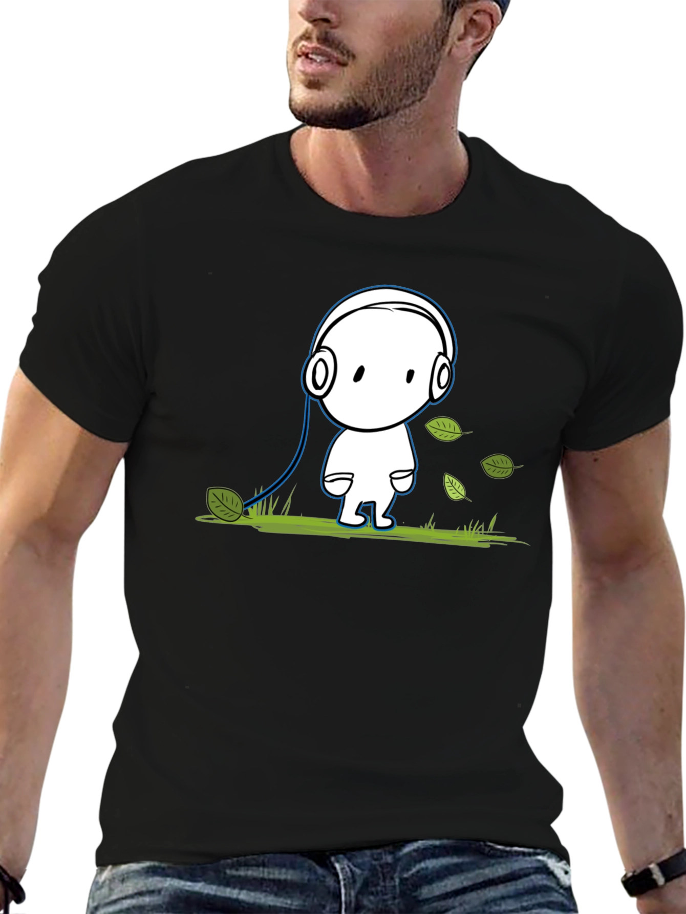 Cartoon Headphone T-Shirt - Black Cotton Graphic Tee