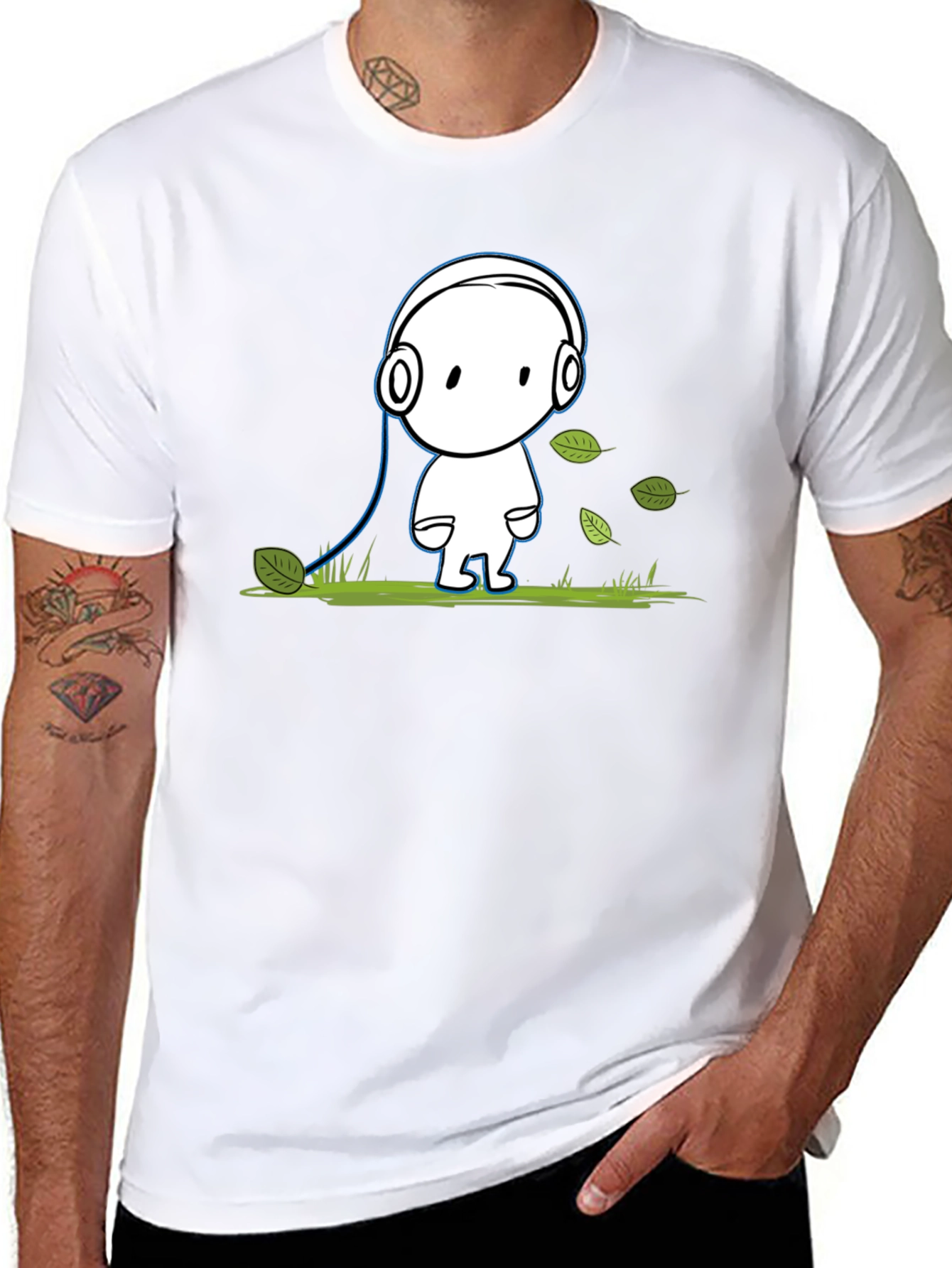 Cartoon Headphone T-Shirt - Black Cotton Graphic Tee